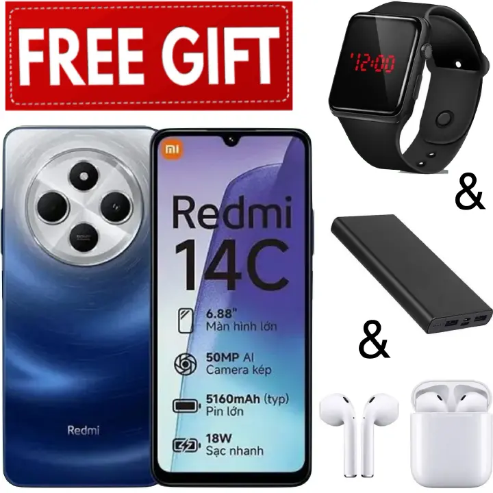 LIMITED TIME DEALS!!! XIAOMI Redmi 14C 8GB RAM 256GB Storage 50MP AI Dual Camera Immersive 6.88" UHD Display Upto 120Hz Refresh Rate Dual Sim 5160mAh-Smart Phone+ FREE EARPODS+L.E.D WATCH+POWERBANK