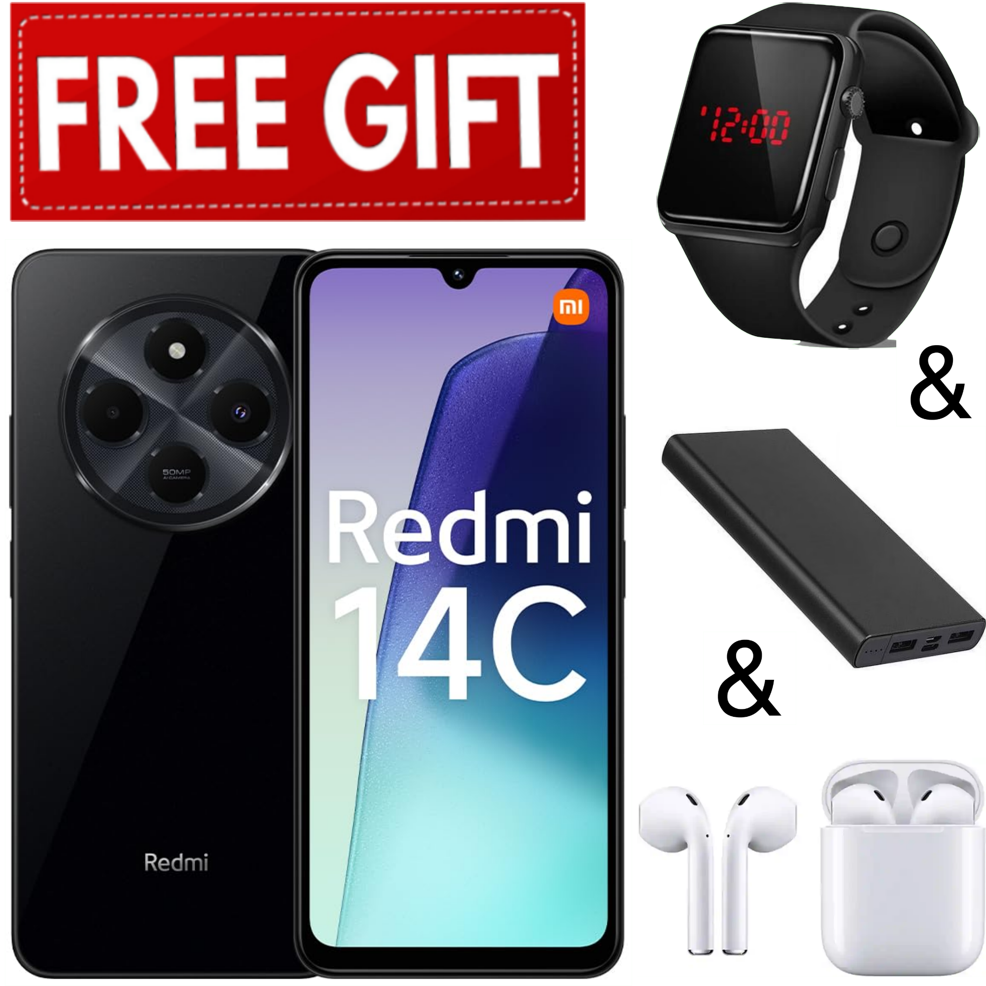 LIMITED TIME DEALS!!! XIAOMI Redmi 14C 8GB RAM 256GB Storage 50MP AI Dual Camera Immersive 6.88" UHD Display Upto 120Hz Refresh Rate Dual Sim 5160mAh-Smart Phone+ FREE EARPODS+L.E.D WATCH+POWERBANK