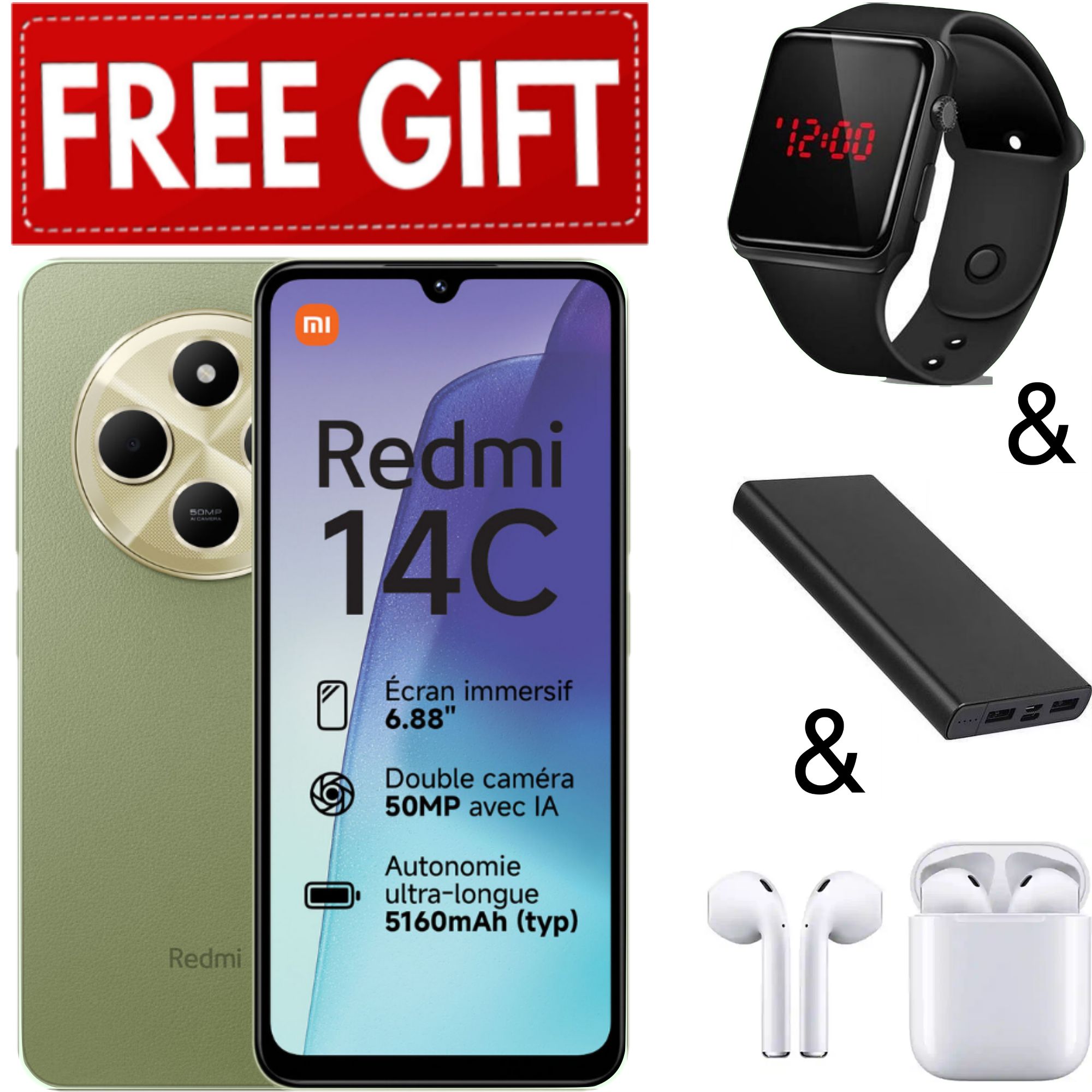 LIMITED TIME DEALS!!! XIAOMI Redmi 14C 8GB RAM 256GB Storage 50MP AI Dual Camera Immersive 6.88" UHD Display Upto 120Hz Refresh Rate Dual Sim 5160mAh-Smart Phone+ FREE EARPODS+L.E.D WATCH+POWERBANK