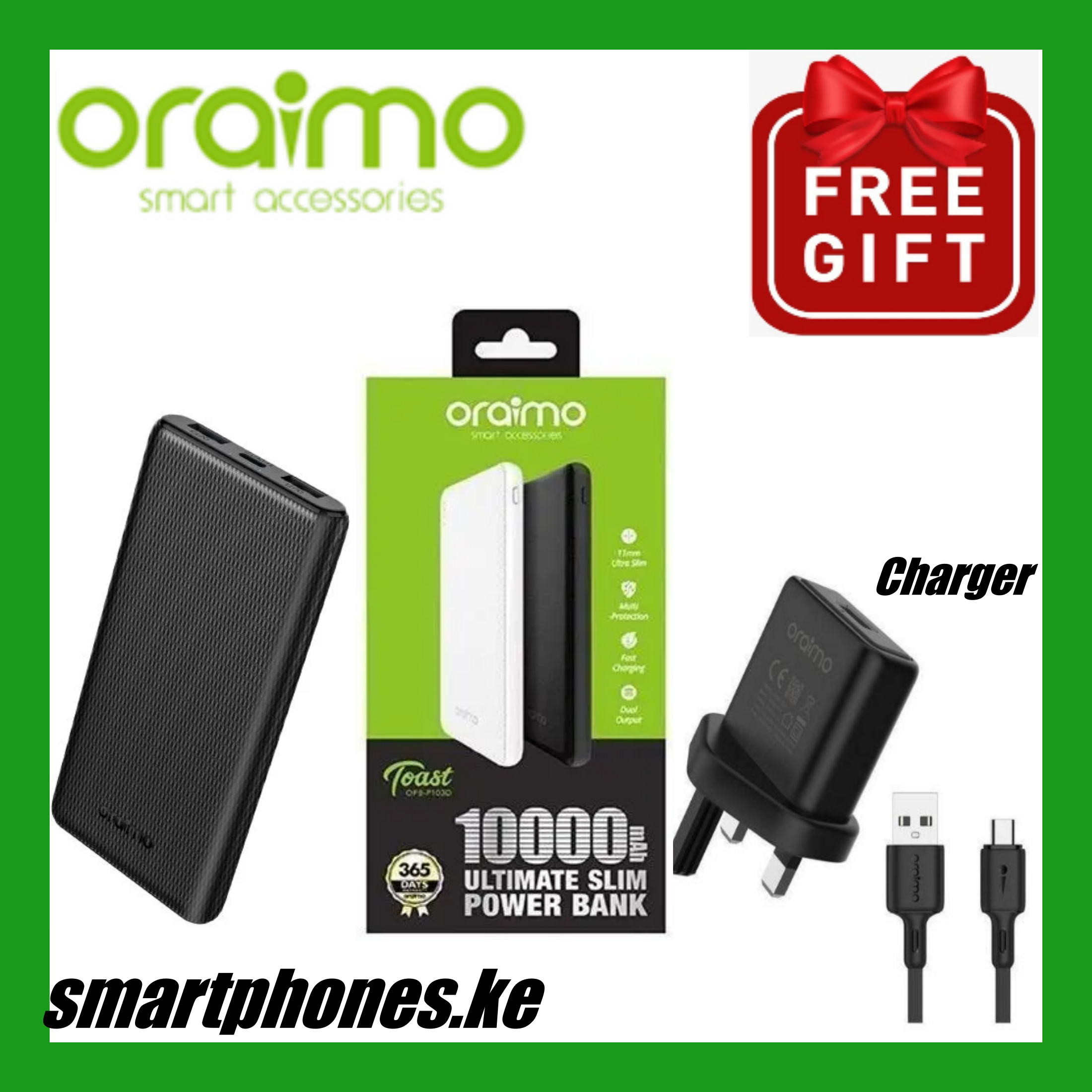 LIMITED OFFER!! Oraimo 10000mAh, Fast Charging, Type-C In & Out,  Wide Compatibility, Multi-Protection Safety System - Power Banks+FREE CHARGER