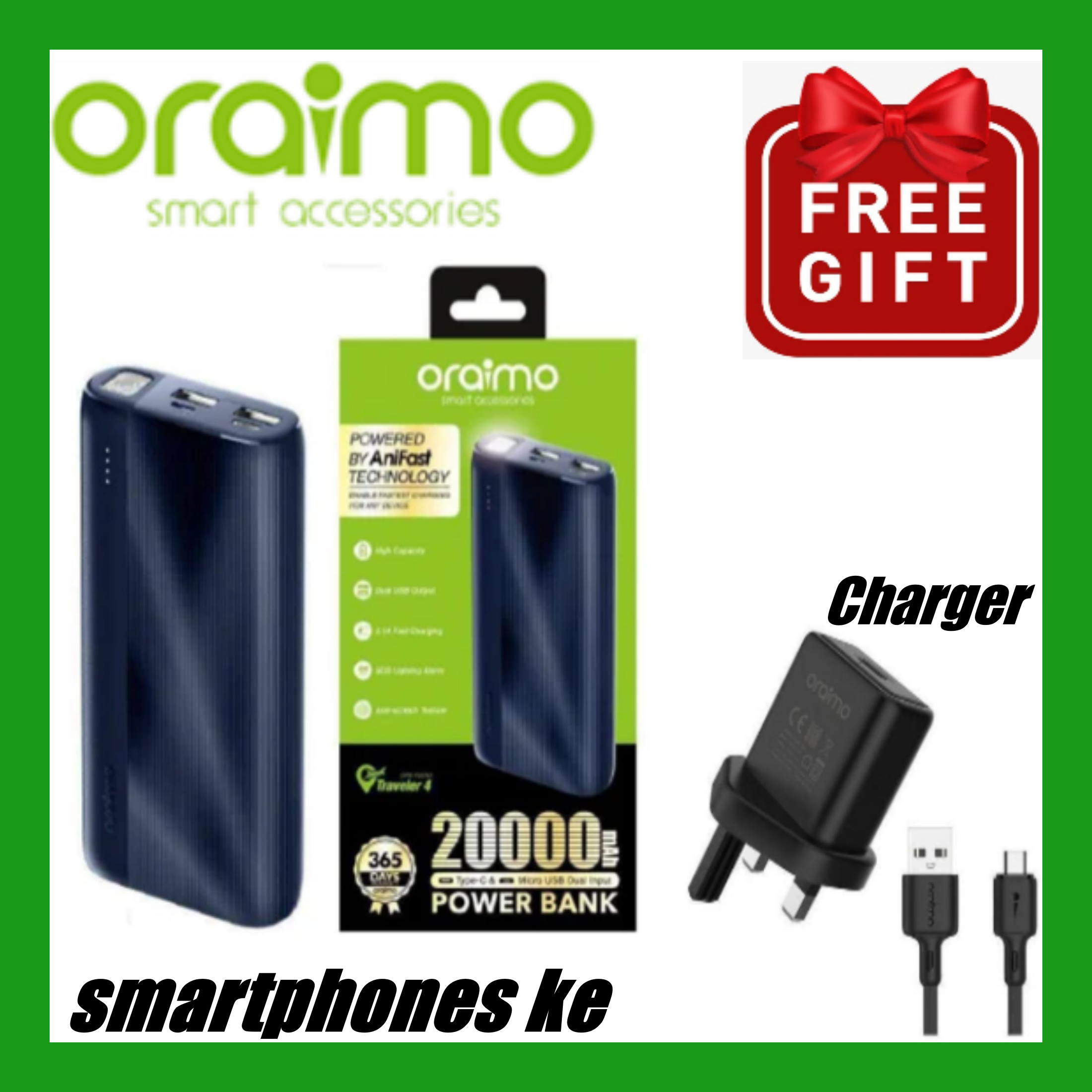 LIMITED OFFER!! Oraimo 10000mAh, Fast Charging, Type-C In & Out,  Wide Compatibility, Multi-Protection Safety System - Power Banks+FREE CHARGER