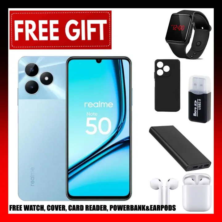 FLASH SALE DEALS!!! Realme Note 50 6.74" 90Hz 256GB ROM + 8(4+4)GB RAM Unisoc Tiger T612 Type-C 3-Card Slot Side Fingerprint Smart Phones phone+FREE LED WATCH+CARD READER+COVER+POWERBANK+EA