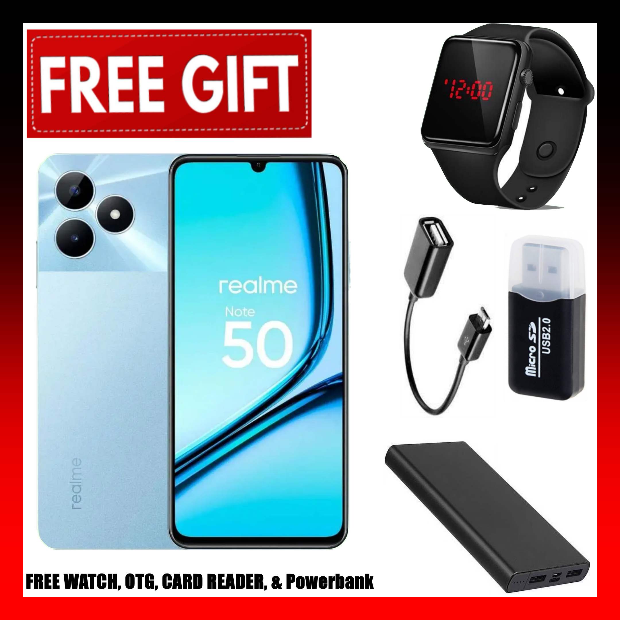 FLASH SALE DEALS!!!  Brand New realme Note 50 6.74" 90Hz 256GB ROM + 8(4+4)GB RAM Unisoc Tiger T612 Type-C 3-Card Slot Side Fingerprint Smart Phones phone+FREE LED WATCH+OTG+CARD READER+POWERBANK