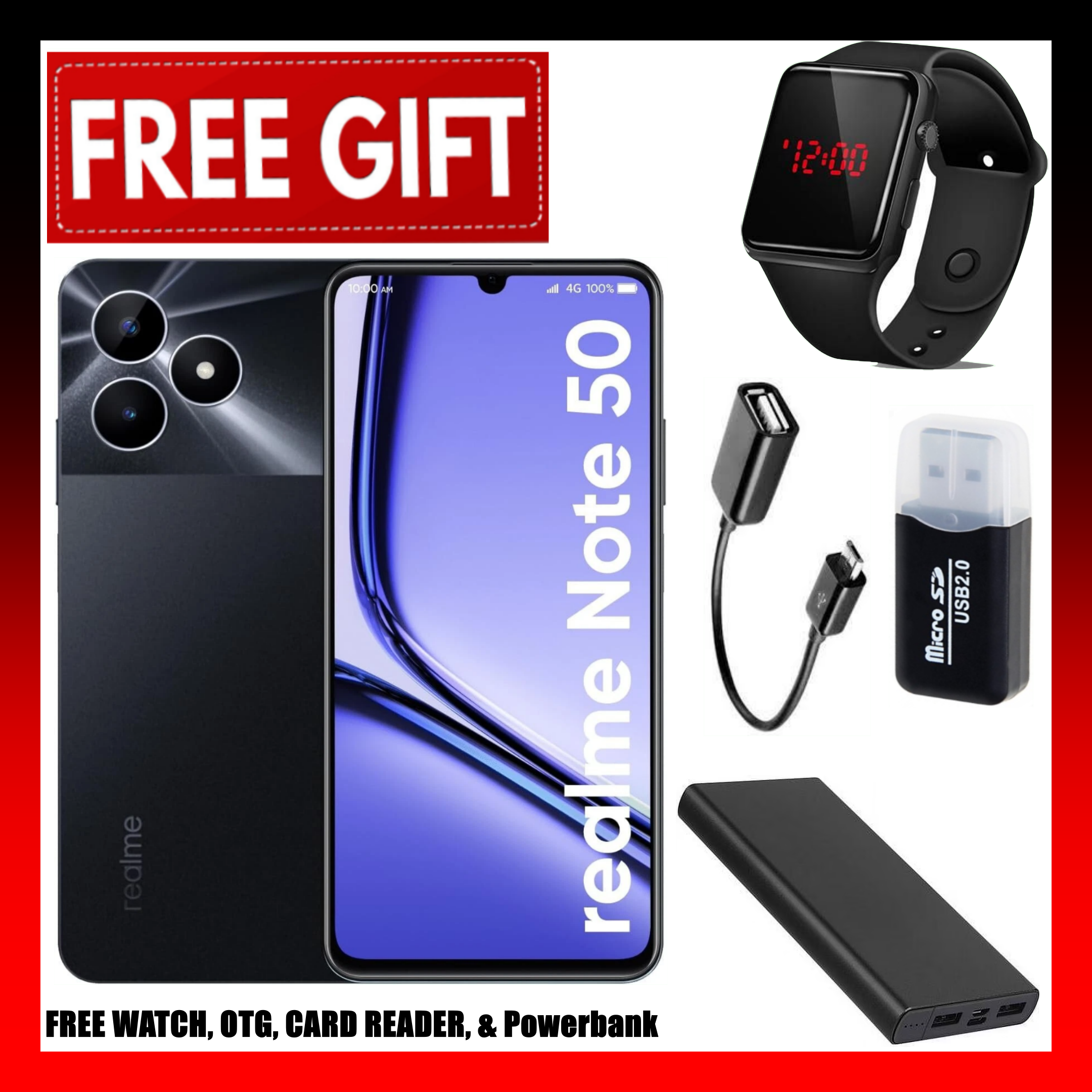 FLASH SALE DEALS!!!  Brand New realme Note 50 6.74" 90Hz 256GB ROM + 8(4+4)GB RAM Unisoc Tiger T612 Type-C 3-Card Slot Side Fingerprint Smart Phones phone+FREE LED WATCH+OTG+CARD READER+POWERBANK
