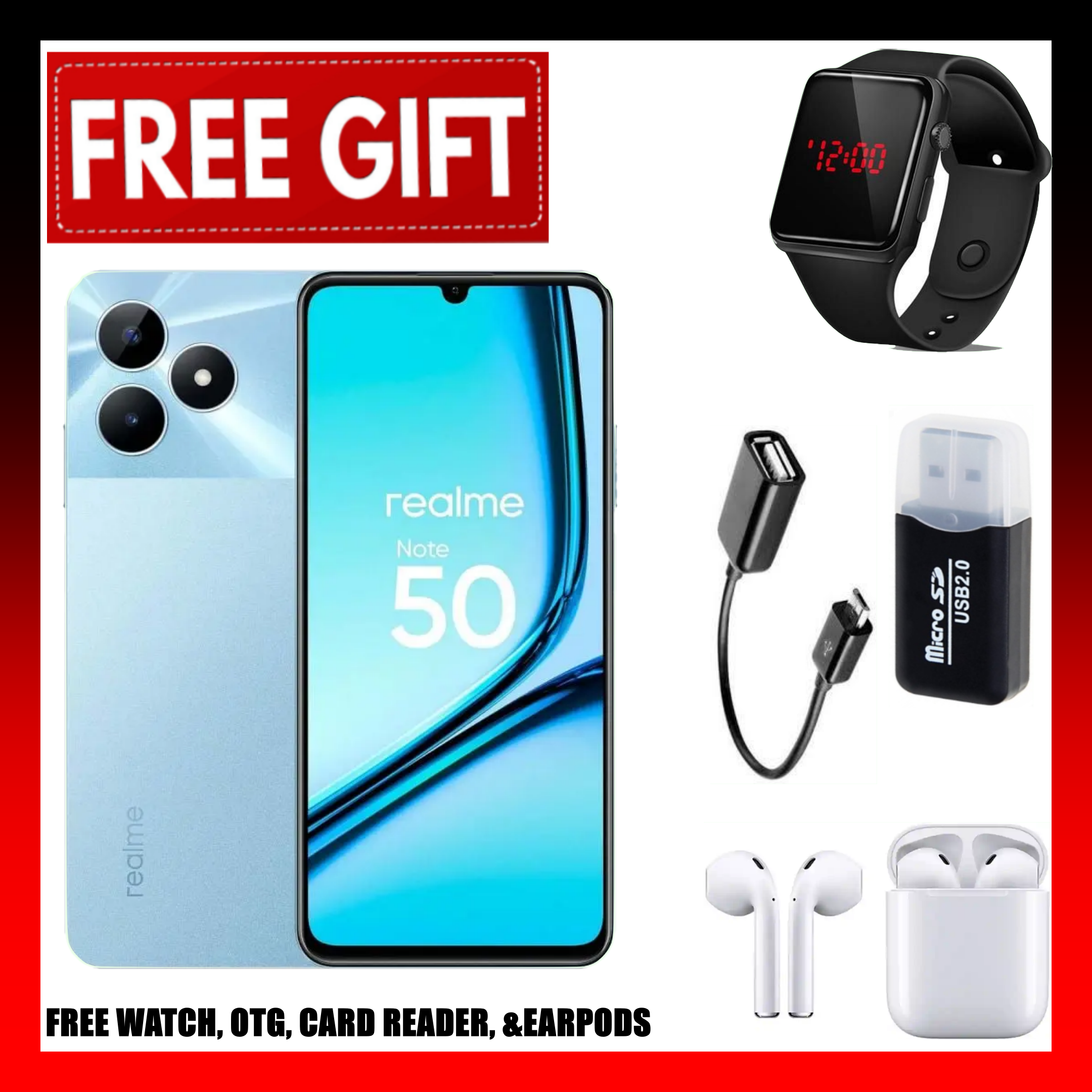FLASH SALE DEALS!! Brand New realme Note 50 90Hz 6.74" 64GB ROM + 6(3+3)GB RAM 5000mAh 13MP Al Camera Unisoc Tiger T612 Type-C 3-Card Slot Smart Phones +FREE CARD READER+OTG+EARPODS+LED WATCH
