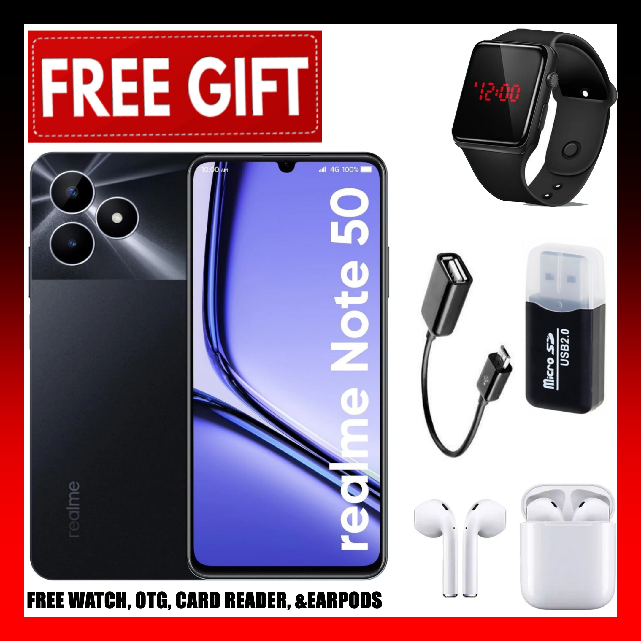 FLASH SALE DEALS!! Brand New realme Note 50 90Hz 6.74" 64GB ROM + 6(3+3)GB RAM 5000mAh 13MP Al Camera Unisoc Tiger T612 Type-C 3-Card Slot Smart Phones +FREE CARD READER+OTG+EARPODS+LED WATCH