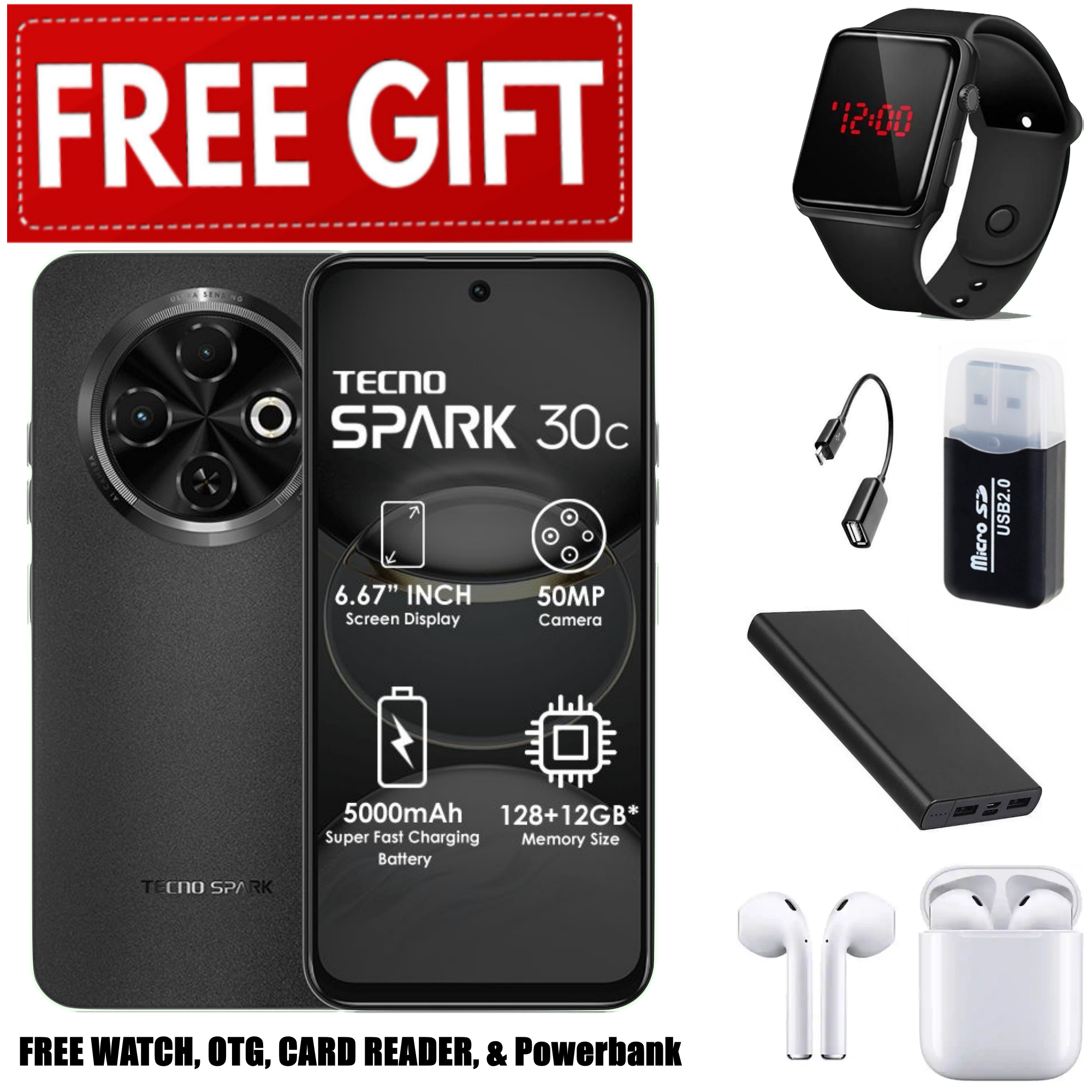 FLASH SALE DEALS!!! TECNO SPARK 30C 128GB +8(4+4)GB 120Hz 6.6" Dynamic Port 50MP Dual Ultra Slim 5000mAh 18W Type-C Dual SIM 4G Smart Phones Side Fingerprint phone+FREEBIES