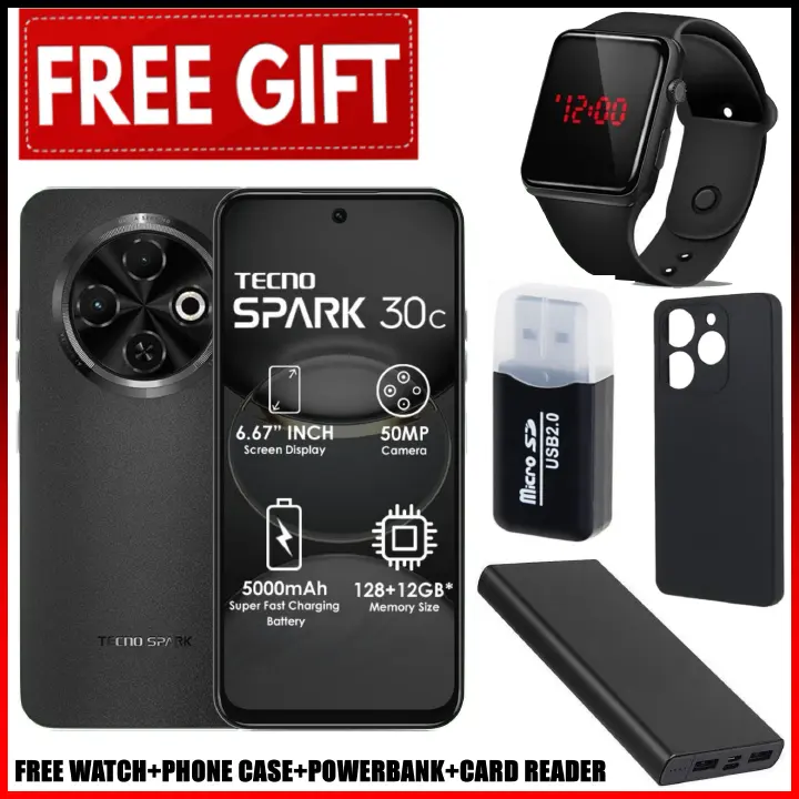 FLASH SALE DEALS!!!  TECNO SPARK 30C 128GB +8(4+4)GB 120Hz 6.6" Dynamic Port 50MP Dual Ultra Slim 5000mAh 18W Type-C Dual SIM 4G side fingerprint Smart Phones +CASE+CARD READER+POWERBANK+PHONE CASE
