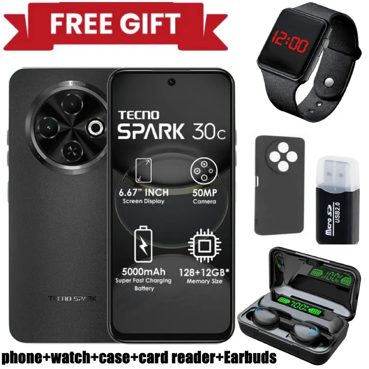 FLASH SALE DEALS!!!  TECNO SPARK 30C 128GB +8(4+4)GB 120Hz 6.6" Dynamic Port 50MP Dual Ultra Slim 5000mAh Dual SIM 4G side fingerprint Smart Phones +CASE+CARD READER+POWERBANK/EARBUDS+PHONE CASE