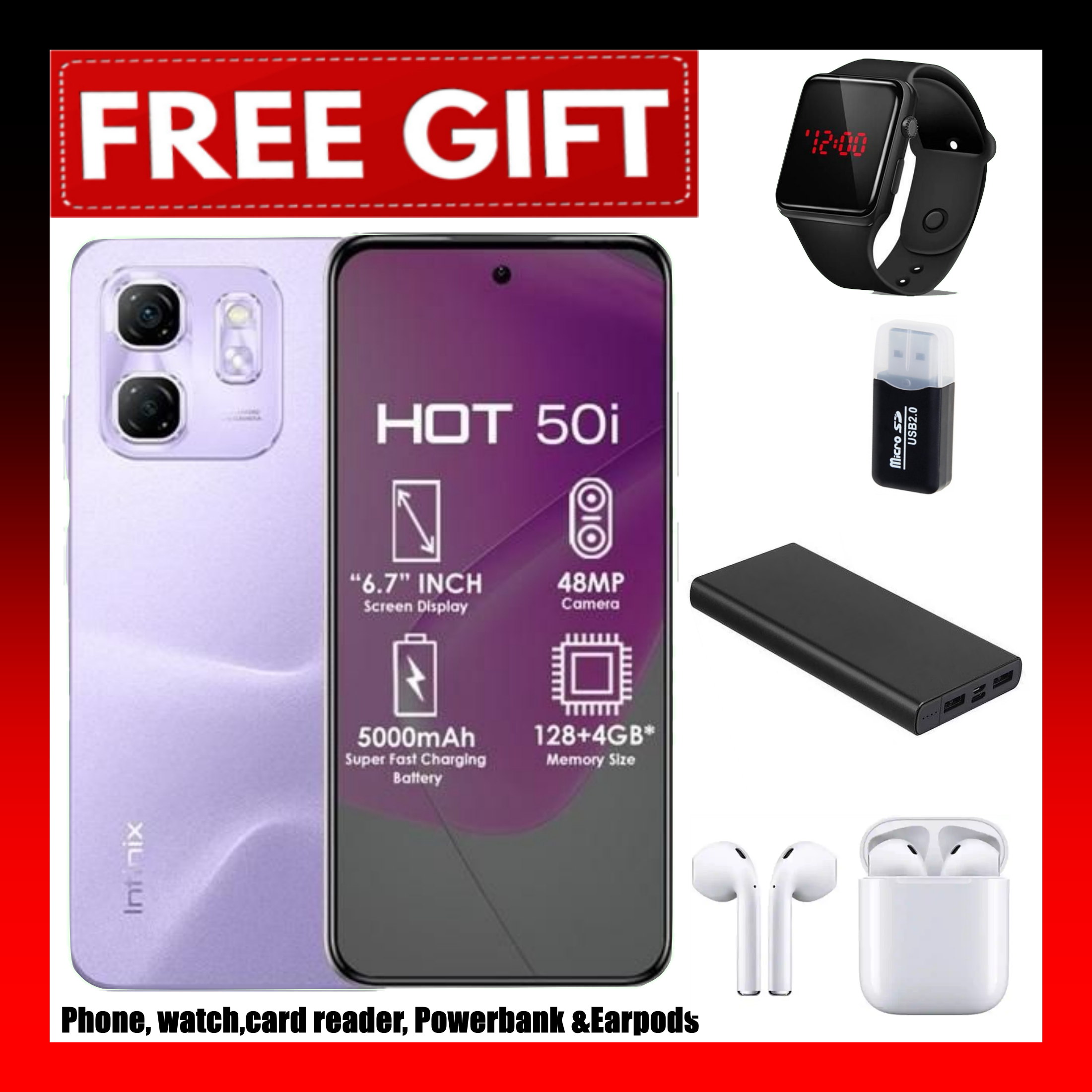 FLASH SALE DEALS!!! INFINIX HOT 50i 6GB RAM+128GB ROM Storage 6.7" display,120Hz refresh rate,4G Dual Sim 18W Fast charge+5000mAh Battery, 48MP camera, Android 14 Smartphone + FREEBIES