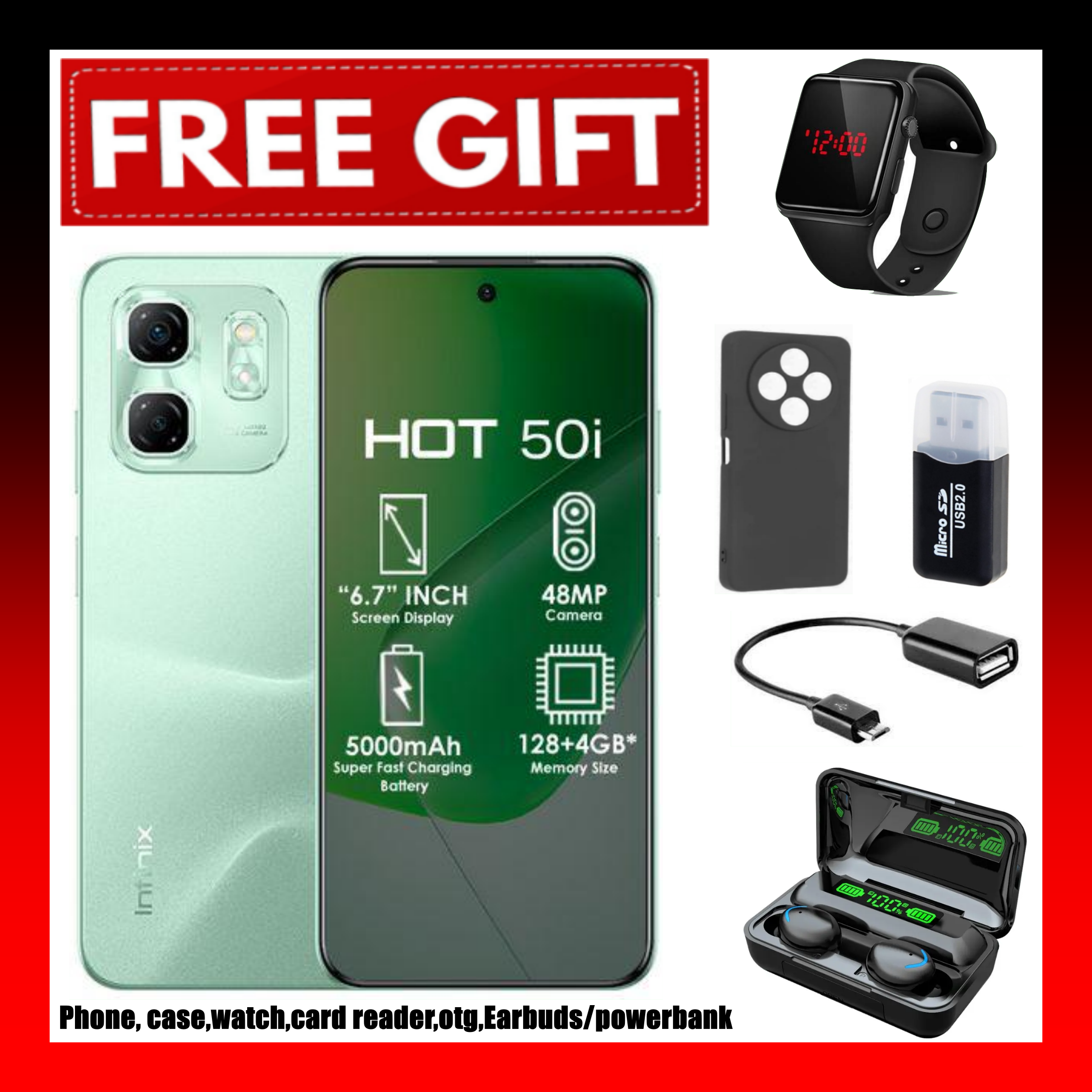 FLASH SALE DEALS!!! INFINIX HOT 50i 6GB RAM+128GB ROM Storage 6.7" display,120Hz refresh rate,4G Dual Sim 18W Fast charge+5000mAh Battery, 48MP camera, Android 14 Smartphone + FREEBIES