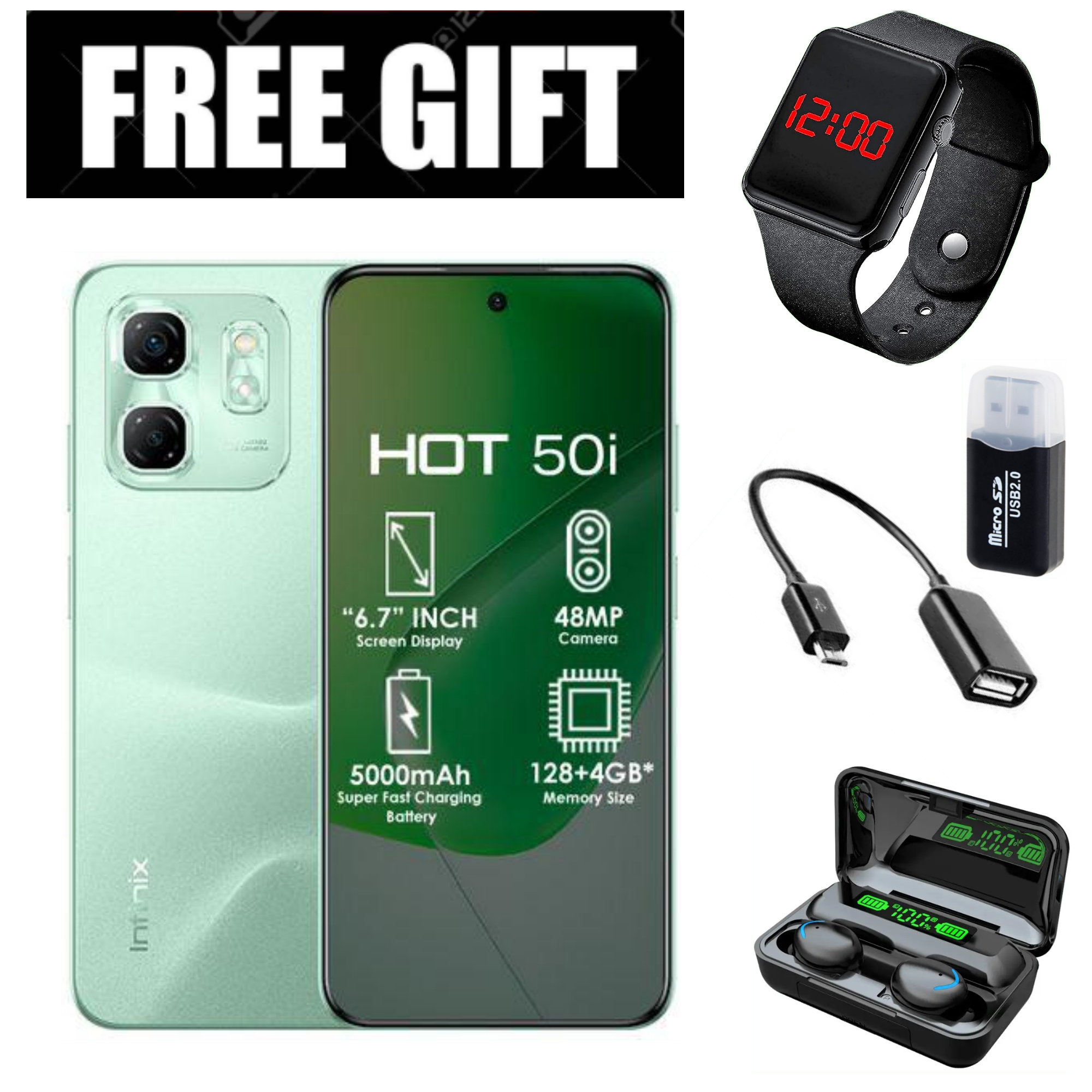 FLASH SALE DEALS!!! INFINIX HOT 50i 6GB RAM+128GB ROM Storage 6.7" display,120Hz refresh rate,4G Dual Sim 18W Fast charge+5000mAh Battery, 48MP camera, Android 14 Smartphone+FREE GIFTS