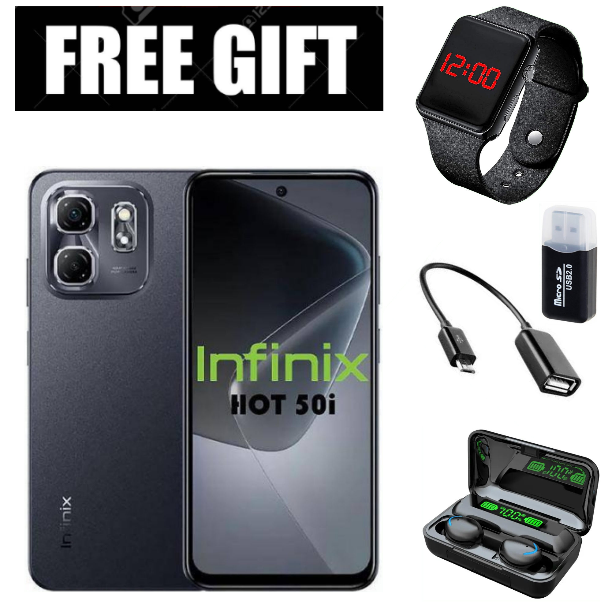 FLASH SALE DEALS!!! INFINIX HOT 50i 6GB RAM+128GB ROM Storage 6.7" display,120Hz refresh rate,4G Dual Sim 18W Fast charge+5000mAh Battery, 48MP camera, Android 14 Smartphone+FREE GIFTS