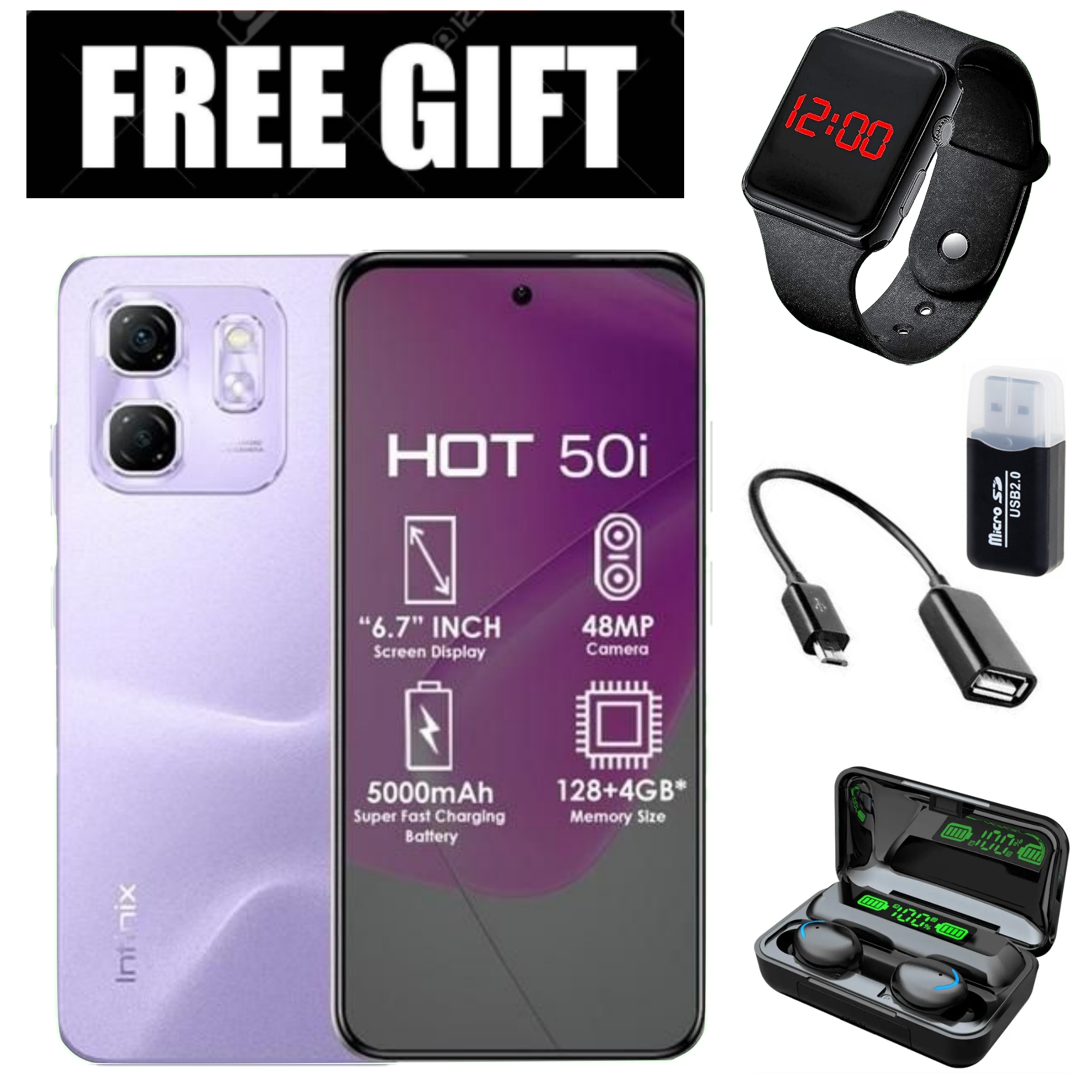 FLASH SALE DEALS!!! INFINIX HOT 50i 6GB RAM+128GB ROM Storage 6.7" display,120Hz refresh rate,4G Dual Sim 18W Fast charge+5000mAh Battery, 48MP camera, Android 14 Smartphone+FREE GIFTS
