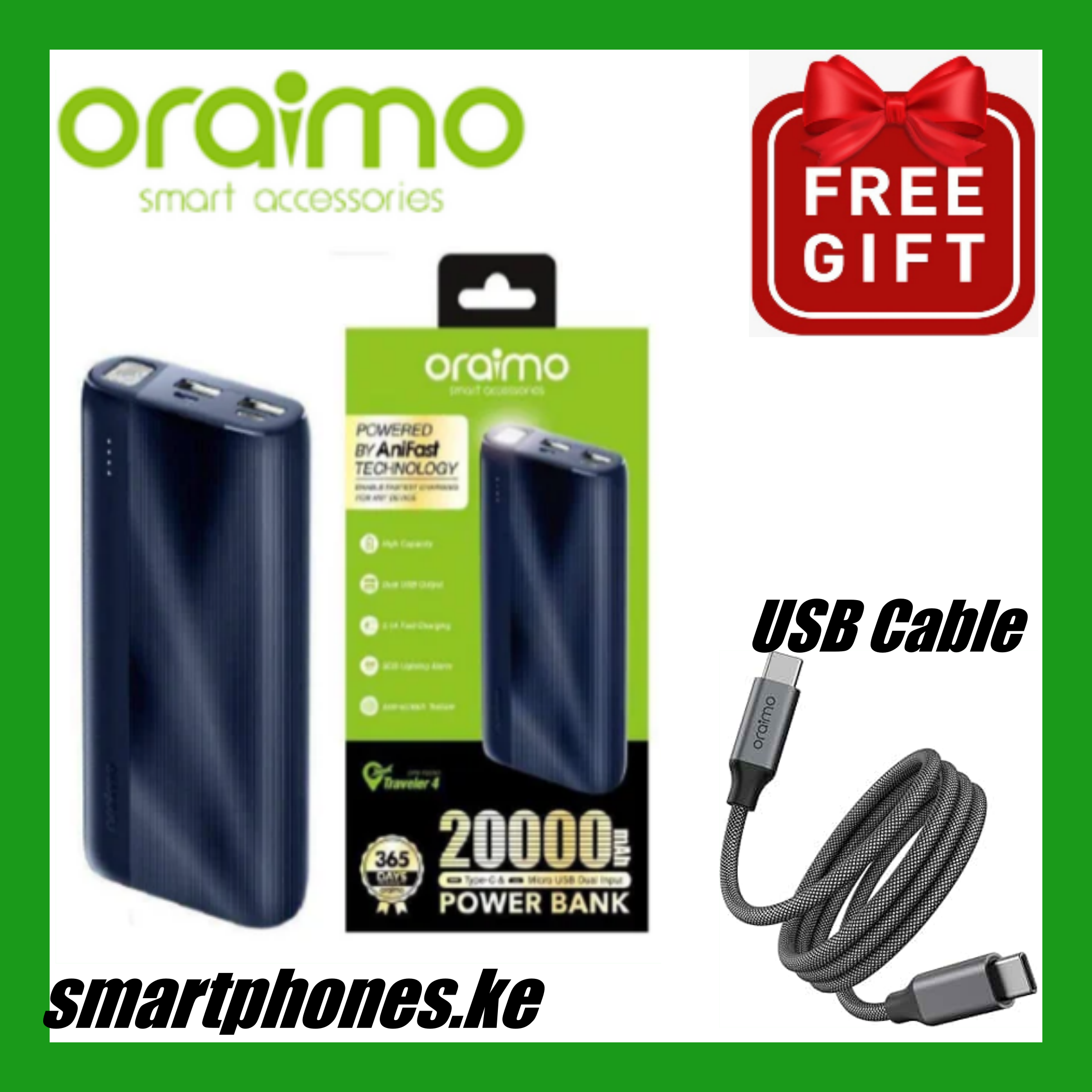 DISCOUNTED OFFER!! Oraimo Powerbank -10000mAh/20000mAh,  Fast Charging, Slim & Portable, , Type-C/Micro USB Charging, Overcharge Protection - Power Banks+Free Cable