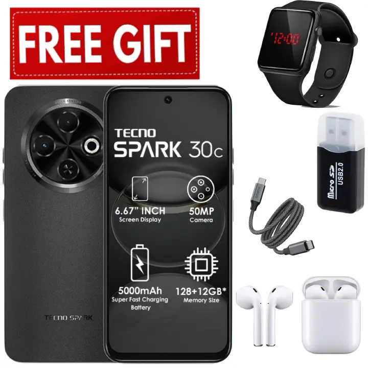 FLASH SALE DEALS!!!  TECNO SPARK 30C 128GB +8(4+4)GB 120Hz 6.6" Dynamic Port 50MP Dual Ultra Slim 5000mAh Dual SIM 4G side fingerprint Smart Phones+ LEDwatch+Card reader+ Cable+ Earpods