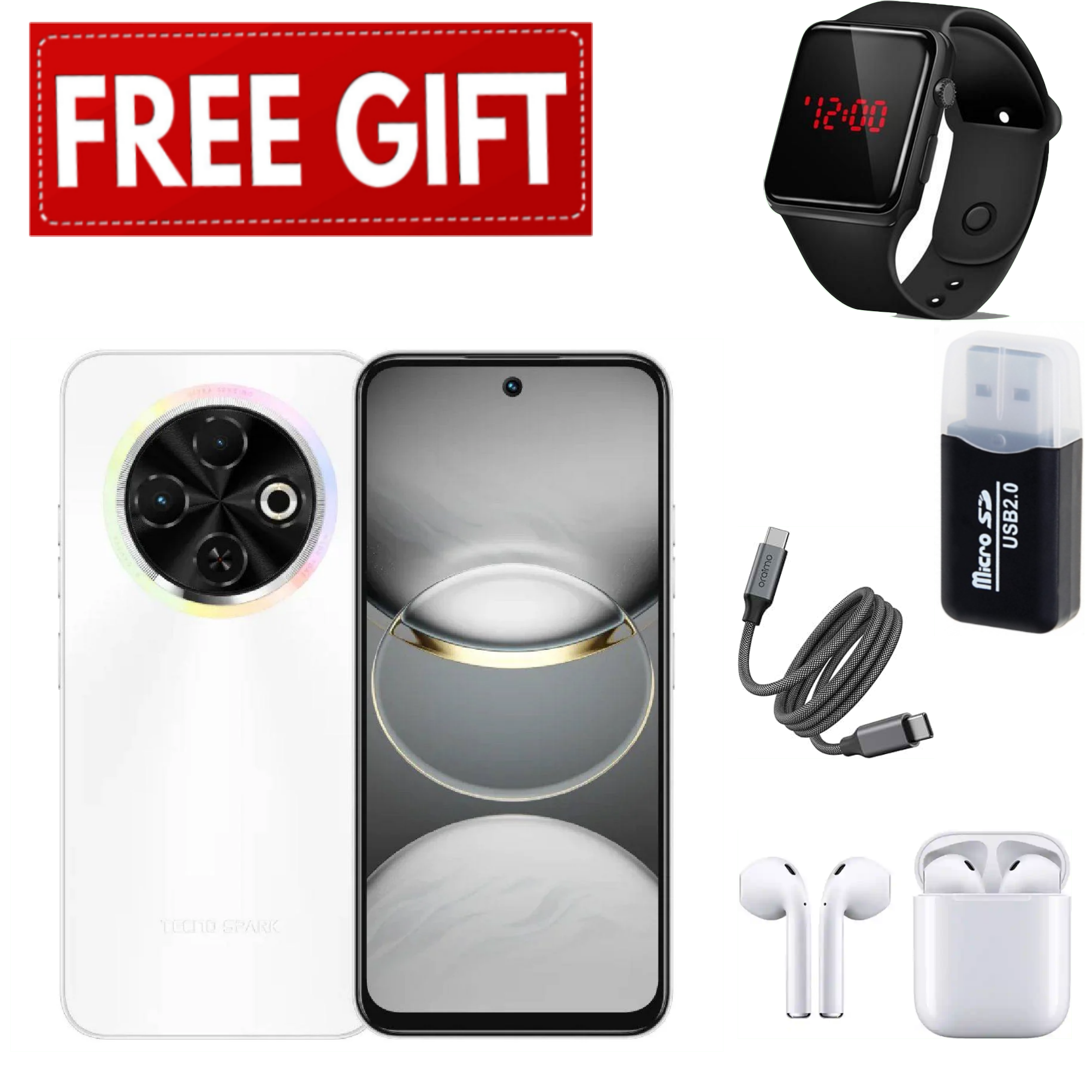 FLASH SALE DEALS!!!  TECNO SPARK 30C 128GB +8(4+4)GB 120Hz 6.6" Dynamic Port 50MP Dual Ultra Slim 5000mAh Dual SIM 4G side fingerprint Smart Phones+ LEDwatch+Card reader+ Cable+ Earpods