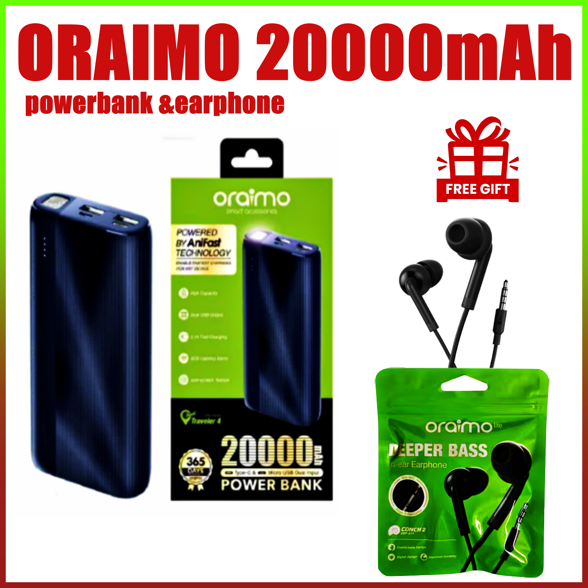 DISCOUNTED OFFER!! Oraimo 20000mAh Power Bank -Type-C/Micro USB Inputs, 2 USB+ 1 Type-C Outputs, Fast Charging, Multi-Protection Safety System, Temp Resistant, Lightweight - Power Banks+FREE EARPHONE