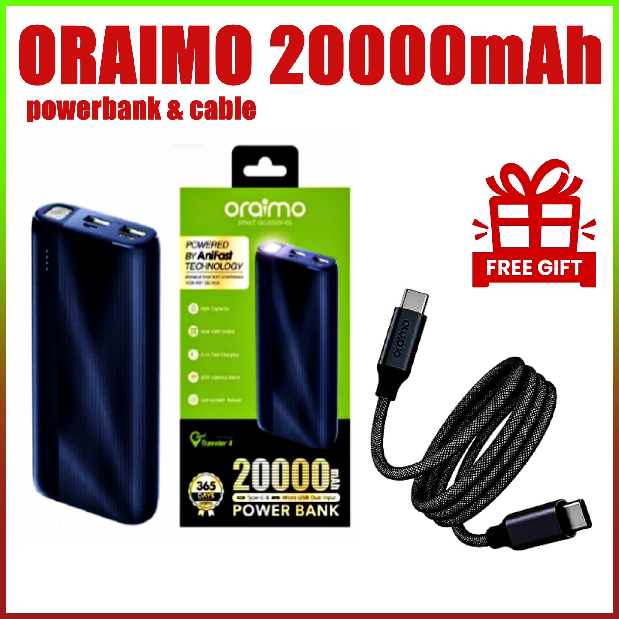 DISCOUNTED OFFER!! Oraimo Powerbank -10000mAh/20000mAh,  Fast Charging, Slim & Portable, , Type-C/Micro USB Charging, Overcharge Protection - Power Banks+Free cable