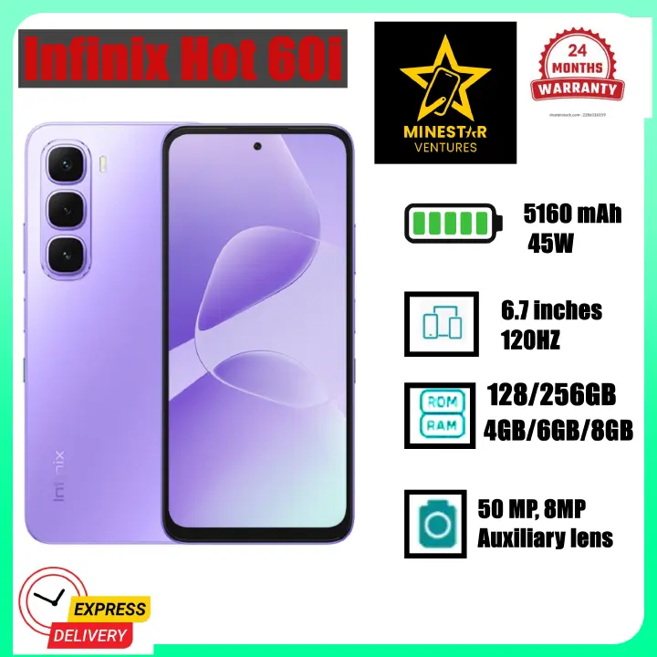 NEW ARRIVAL DEALS!!! Infinix Hot 60i 128GB/256gb+4GB/6GB/8GB 6.7" 120Hz Screen 4G Phone Dual SIM 5160mAh Battery 45W Charging 50MP Camera Fingerprint Lock Android 15 G81 Smart AI smart Phones