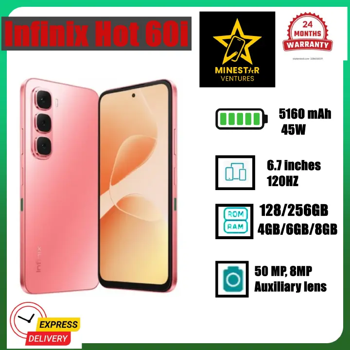 NEW ARRIVAL DEALS!!! Infinix Hot 60i 128GB/256gb+4GB/6GB/8GB 6.7" 120Hz Screen 4G Phone Dual SIM 5160mAh Battery 45W Charging 50MP Camera Fingerprint Lock Android 15 G81 Smart AI smart Phones