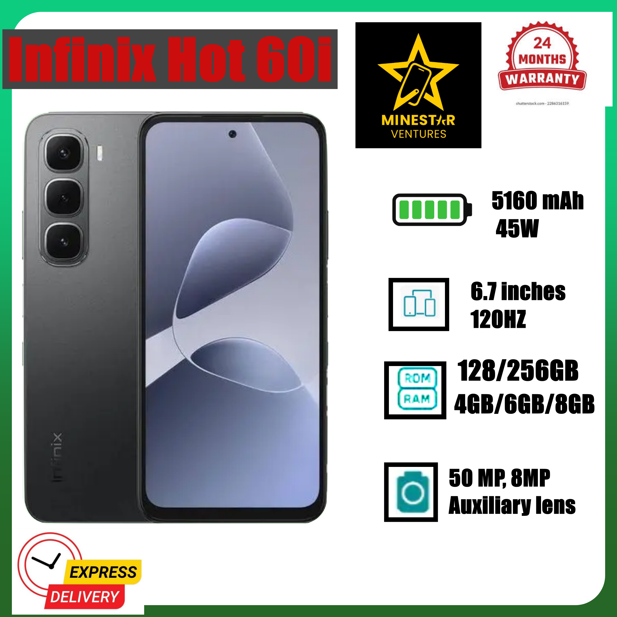 NEW ARRIVAL DEALS!!! Infinix Hot 60i 128GB/256gb+4GB/6GB/8GB 6.7" 120Hz Screen 4G Phone Dual SIM 5160mAh Battery 45W Charging 50MP Camera Fingerprint Lock Android 15 G81 Smart AI smart Phones