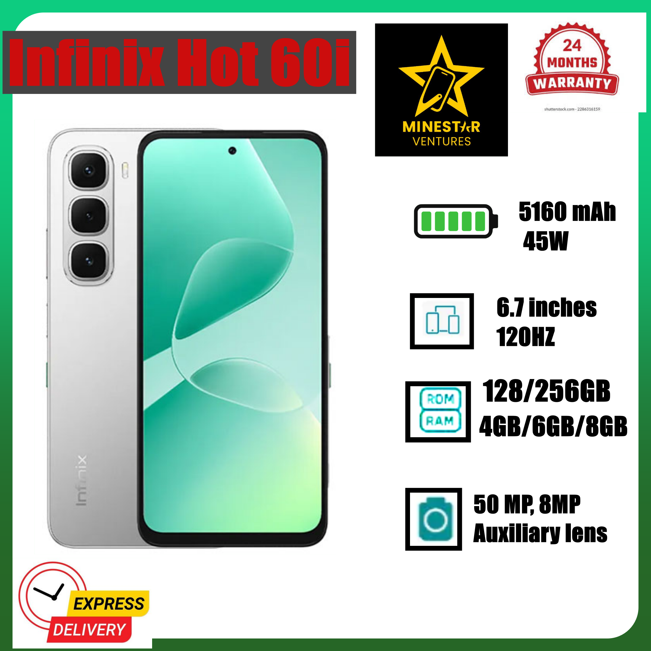 NEW ARRIVAL DEALS!!! Infinix Hot 60i 128GB/256gb+4GB/6GB/8GB 6.7" 120Hz Screen 4G Phone Dual SIM 5160mAh Battery 45W Charging 50MP Camera Fingerprint Lock Android 15 G81 Smart AI smart Phones