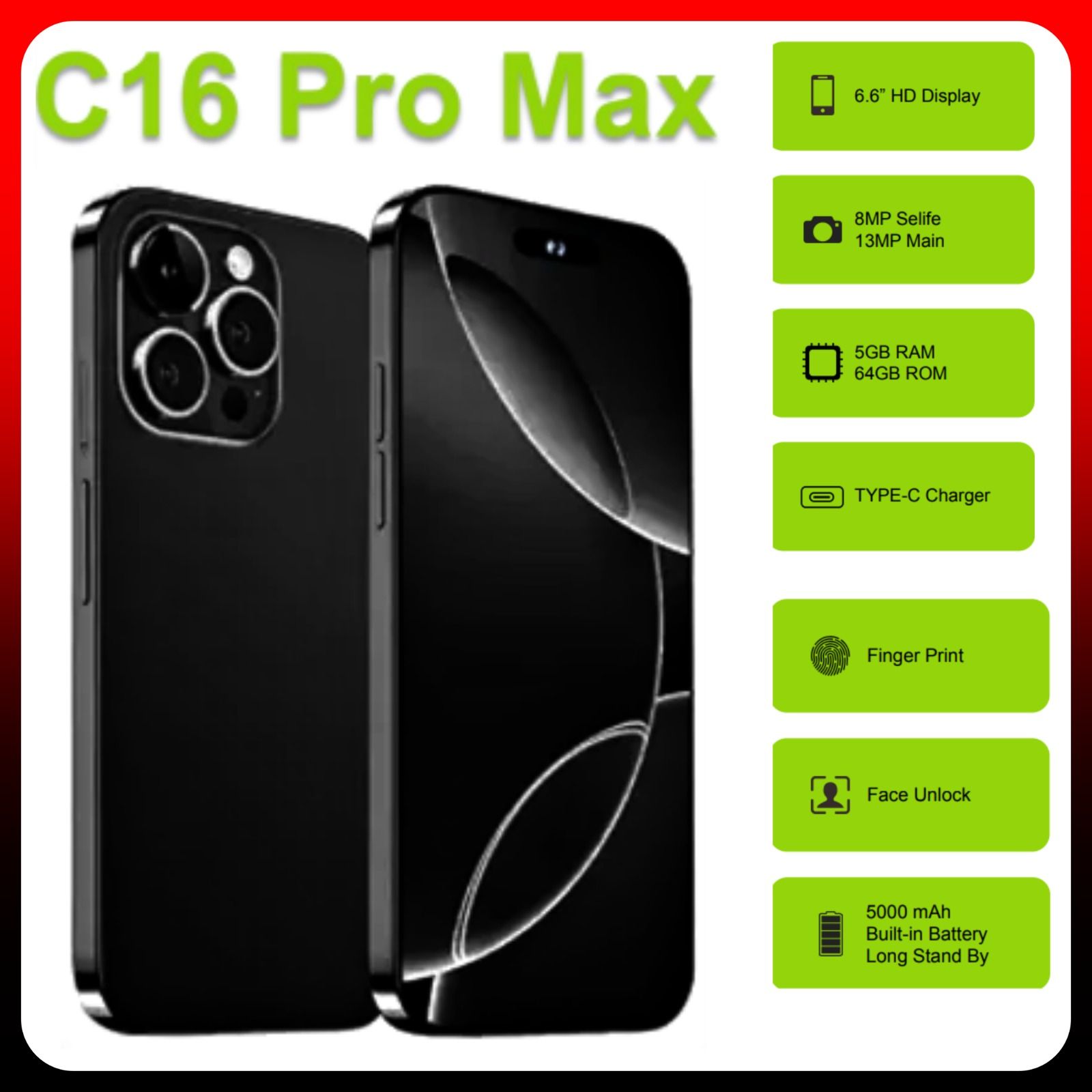 NEW ARRIVAL DEALS!!! Corn C16 Pro Max 6.6" Screen 64GB ROM+5GB (2+3 expanded)GB RAM, 5000mAh Battery, 13MP main & 8MP selfie camera, Finegrprint+Face Unlock, Android 12, Type C Chargers - Smartphones