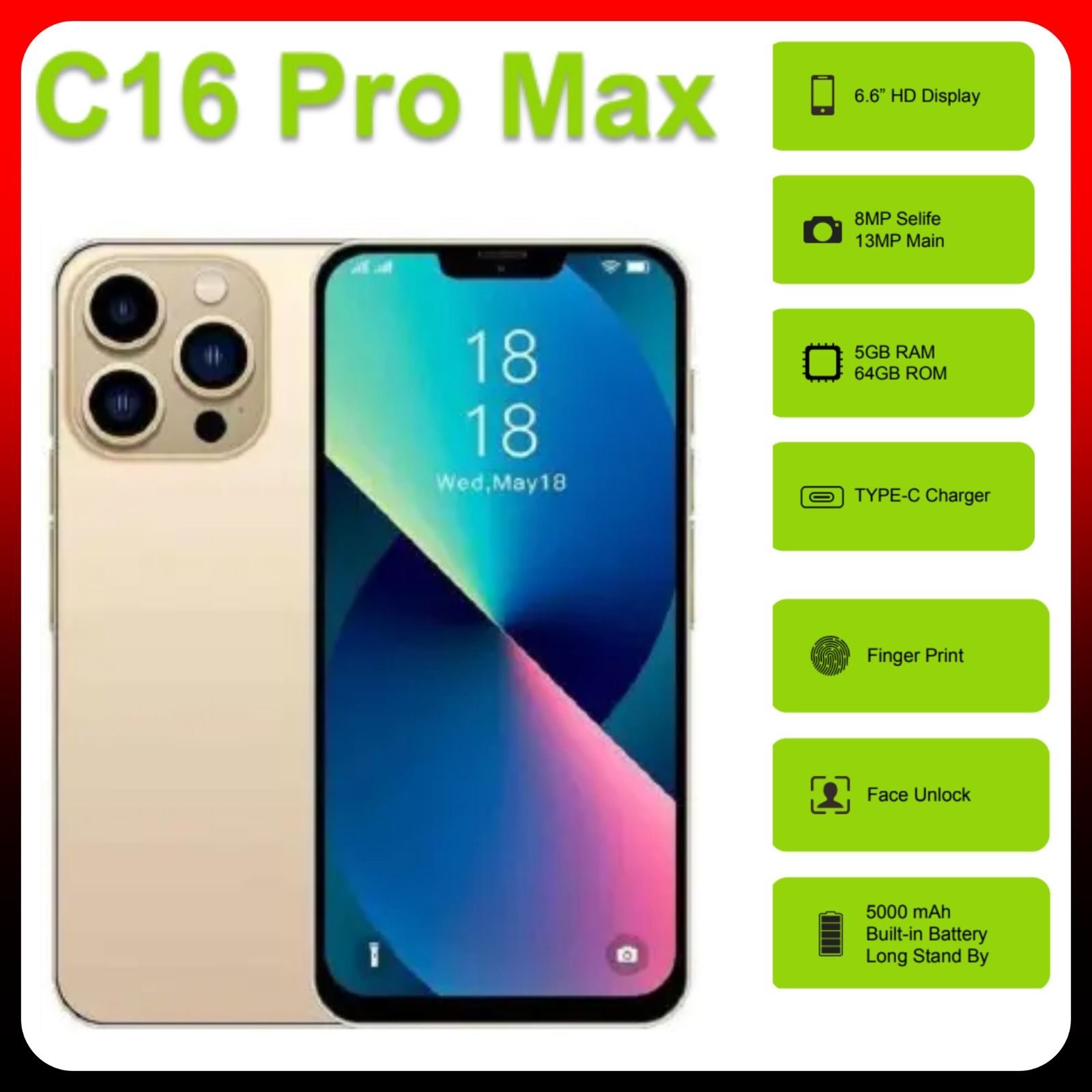 NEW ARRIVAL DEALS!!! Corn C16 Pro Max 6.6" Screen 64GB ROM+5GB (2+3 expanded)GB RAM, 5000mAh Battery, 13MP main & 8MP selfie camera, Finegrprint+Face Unlock, Android 12, Type C Chargers - Smartphones