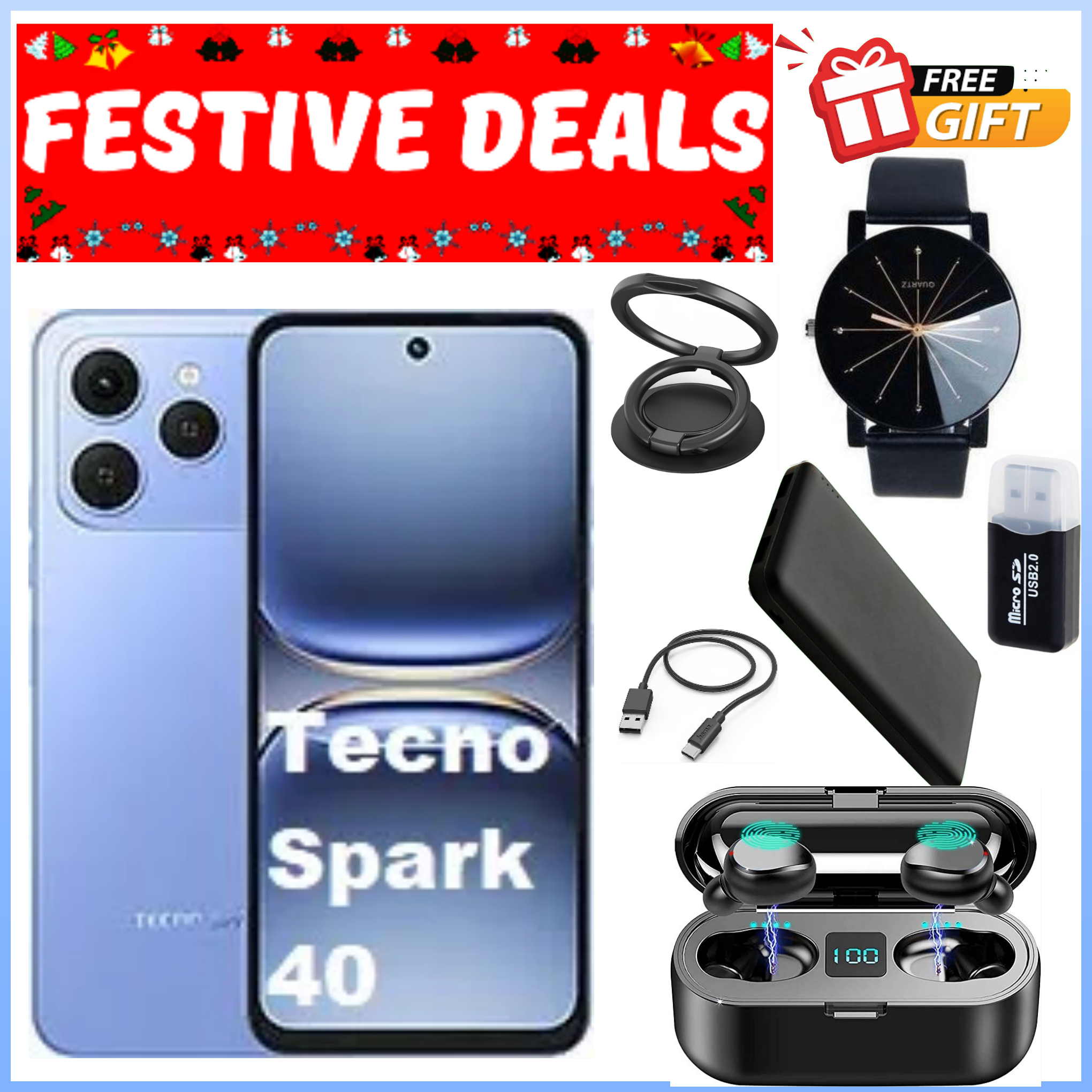 HOLIDAY DEALS ON!!Tecno Spark 40 6.67" IPS LCD Screen, 128GB/256GB ROM, Upto 8GB/16GB RAM, 5200mAh Battery, Android 14, 50MP Rear 8MP Front Camera, Fingerprint (Side-Mounted) - Smartphones+FREE GIFTS