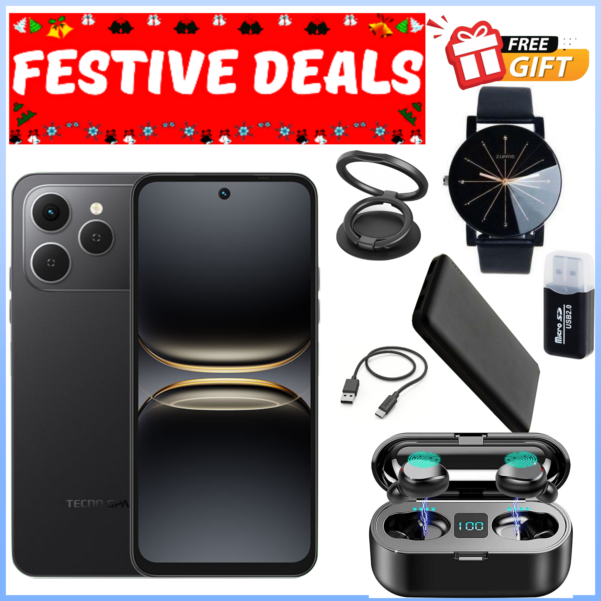 HOLIDAY DEALS ON!!Tecno Spark 40 6.67" IPS LCD Screen, 128GB/256GB ROM, Upto 8GB/16GB RAM, 5200mAh Battery, Android 14, 50MP Rear 8MP Front Camera, Fingerprint (Side-Mounted) - Smartphones+FREE GIFTS