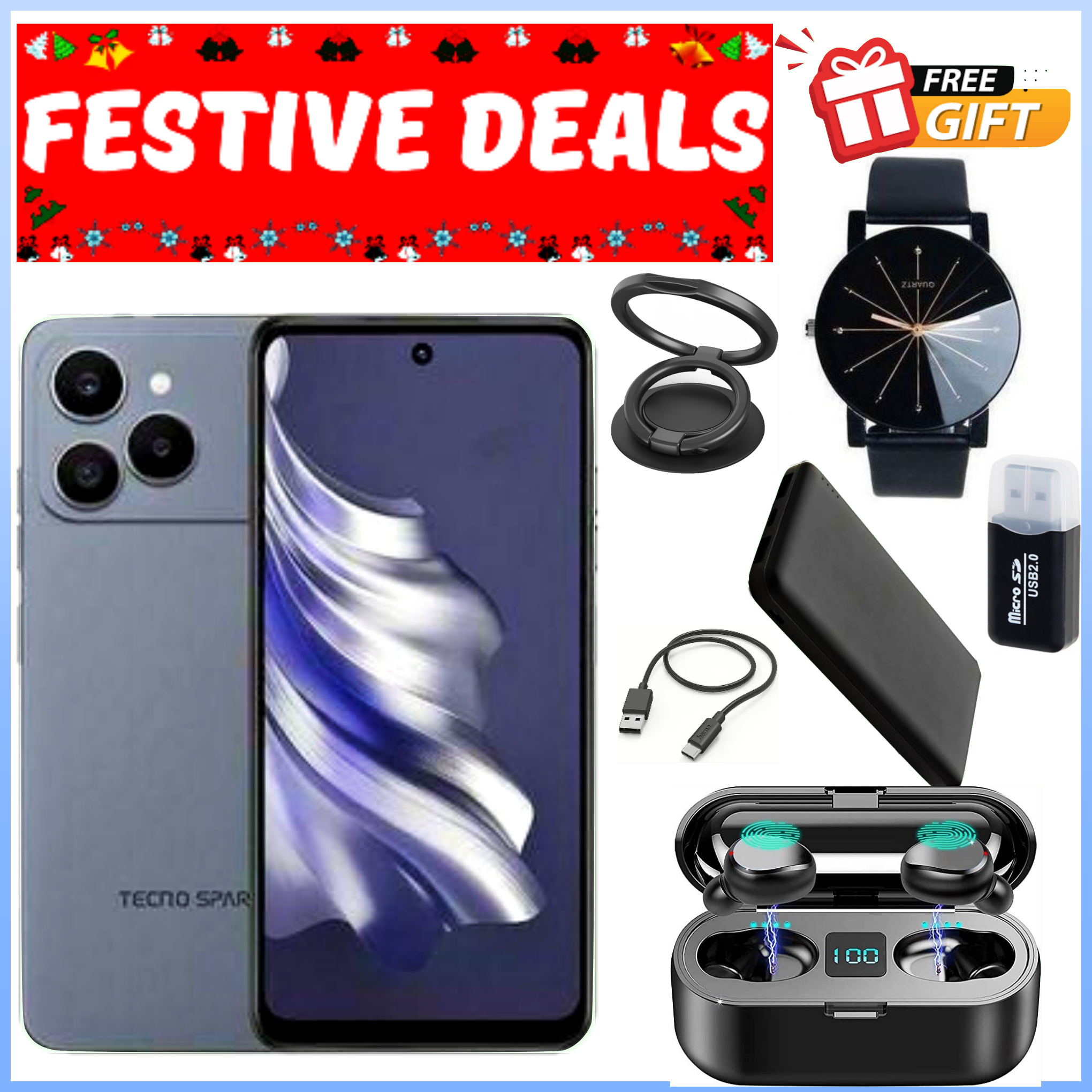 HOLIDAY DEALS ON!!Tecno Spark 40 6.67" IPS LCD Screen, 128GB/256GB ROM, Upto 8GB/16GB RAM, 5200mAh Battery, Android 14, 50MP Rear 8MP Front Camera, Fingerprint (Side-Mounted) - Smartphones+FREE GIFTS