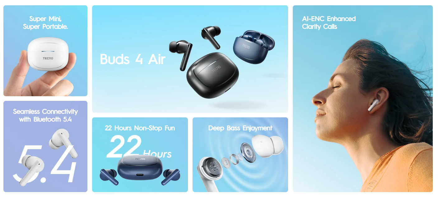 LIMITED TIME DEALS!! Tecno Buds 4 BD04 – True Wireless Stereo Earbuds with Long Battery Life & Crisp Sound Bluetooth Earphones