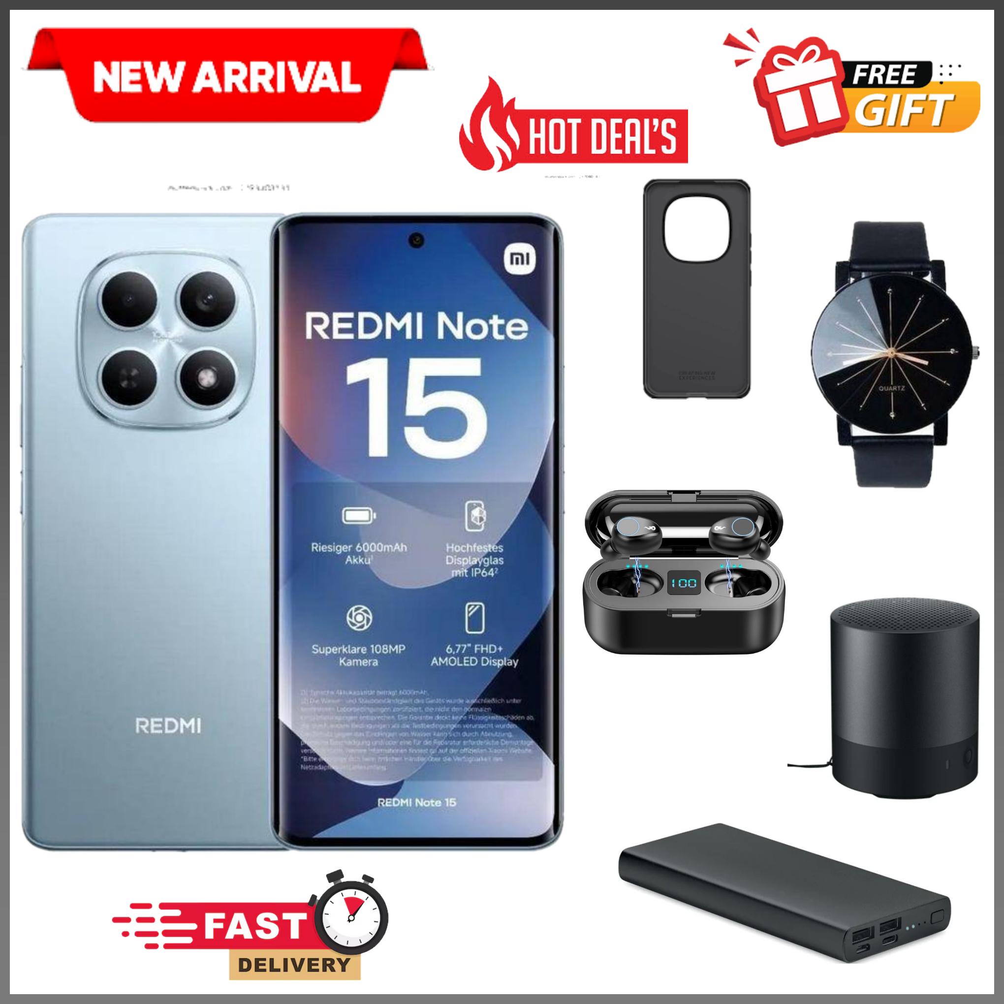 NEW ARRIVAL DEALS!! Redmi Note 15 4G - 128GB/256GB ROM+6GB/8GB RAM 120Hz 6.77" AMOLED Display 6000mAh Battery 108MP Rear & 20MP Selfie Camera Android 15 33W Fast Charging On-screen Fingerprint Sensor
