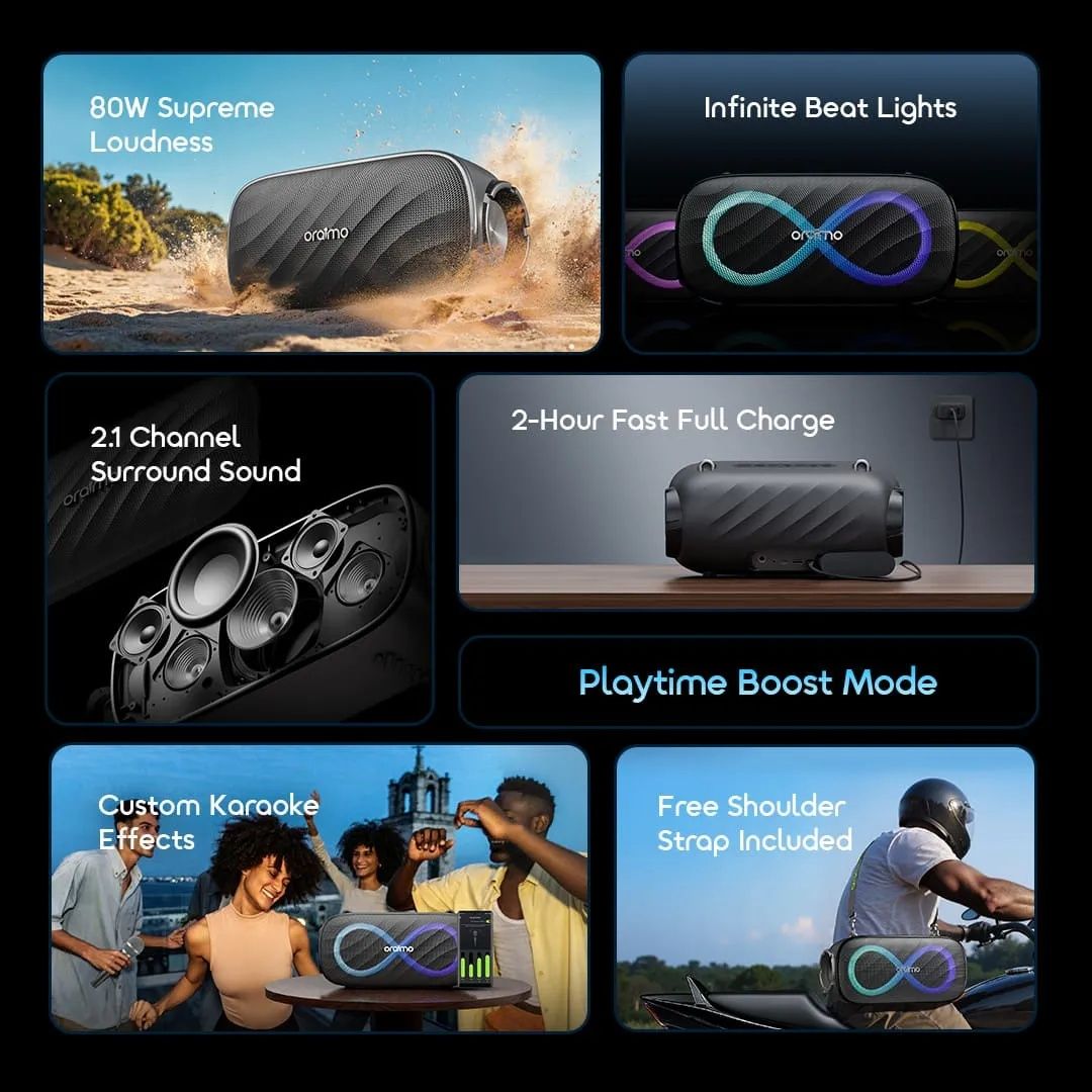 AMAZING DEALS!! ORAIMO SPACEBOX PRO 80W: 2.1 CH Sorround Sound, 5000mAh Battery, 10Hr Playtime, Customized Karaoke Effect, Microphone, AUX/TF Card/USB Support, Shoulder Strap, RGB Lights - BT Speakers