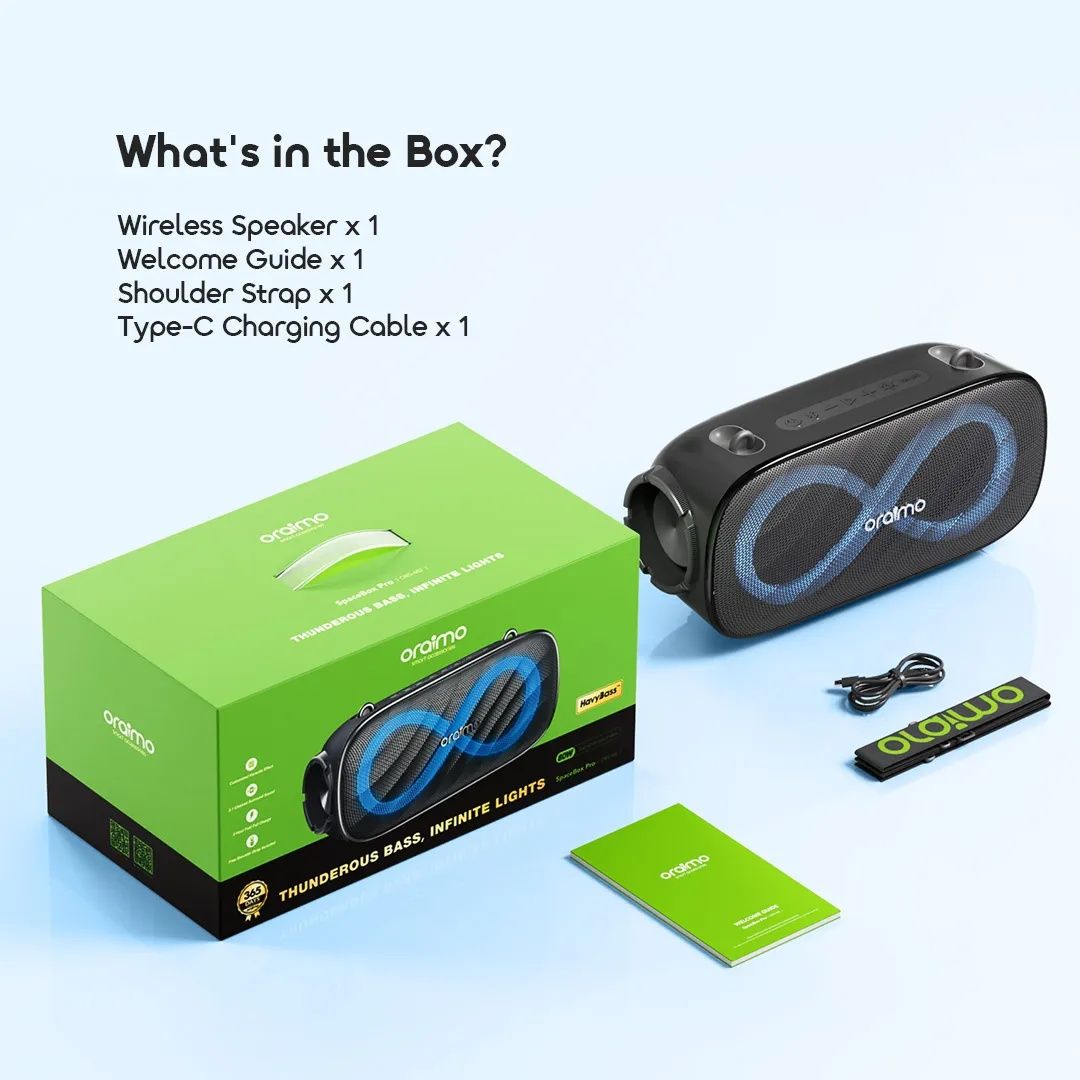 AMAZING DEALS!! ORAIMO SPACEBOX PRO 80W: 2.1 CH Sorround Sound, 5000mAh Battery, 10Hr Playtime, Customized Karaoke Effect, Microphone, AUX/TF Card/USB Support, Shoulder Strap, RGB Lights - BT Speakers