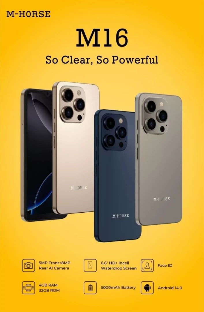 FLASH SALE!! M HORSE M16: 6.6" HD+ Punch-Hole Display, 4GB RAM+64GB Storage, 5000mAh Battery, Dual SIM, 4G, 8MP Rear & 5MP Selfie Camera, Android 14, Face & Fingerprint Unlock - Smartphone