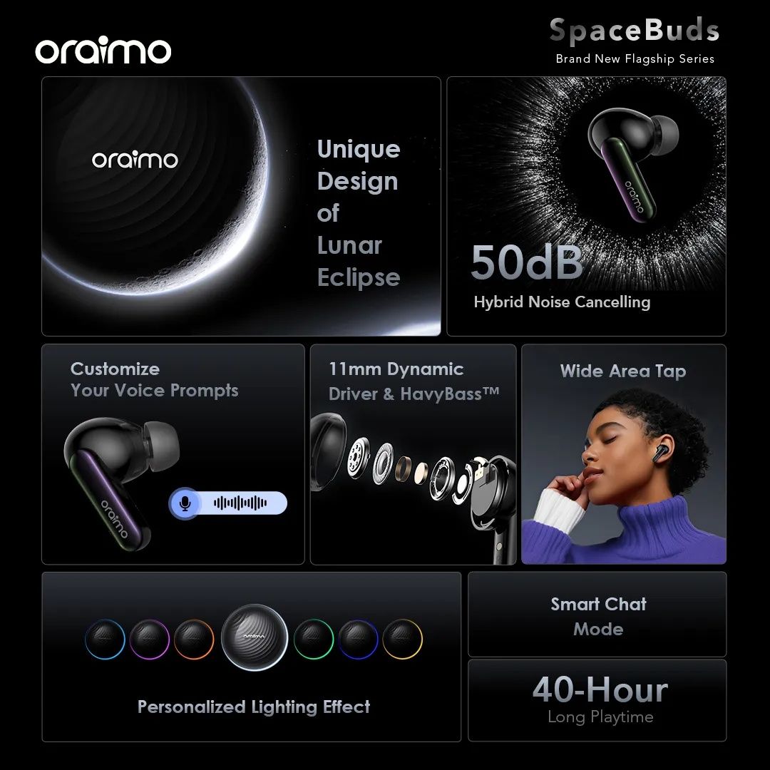 HOT DEALS!! Oraimo SpaceBuds Hybrid ANC True Wireless Earbuds: | 40-Hr Long Playtime | Personalized Lighting Effect | Water Resistant | Hybrid ANC Noise Cancellation | Customized Voice Prompts |