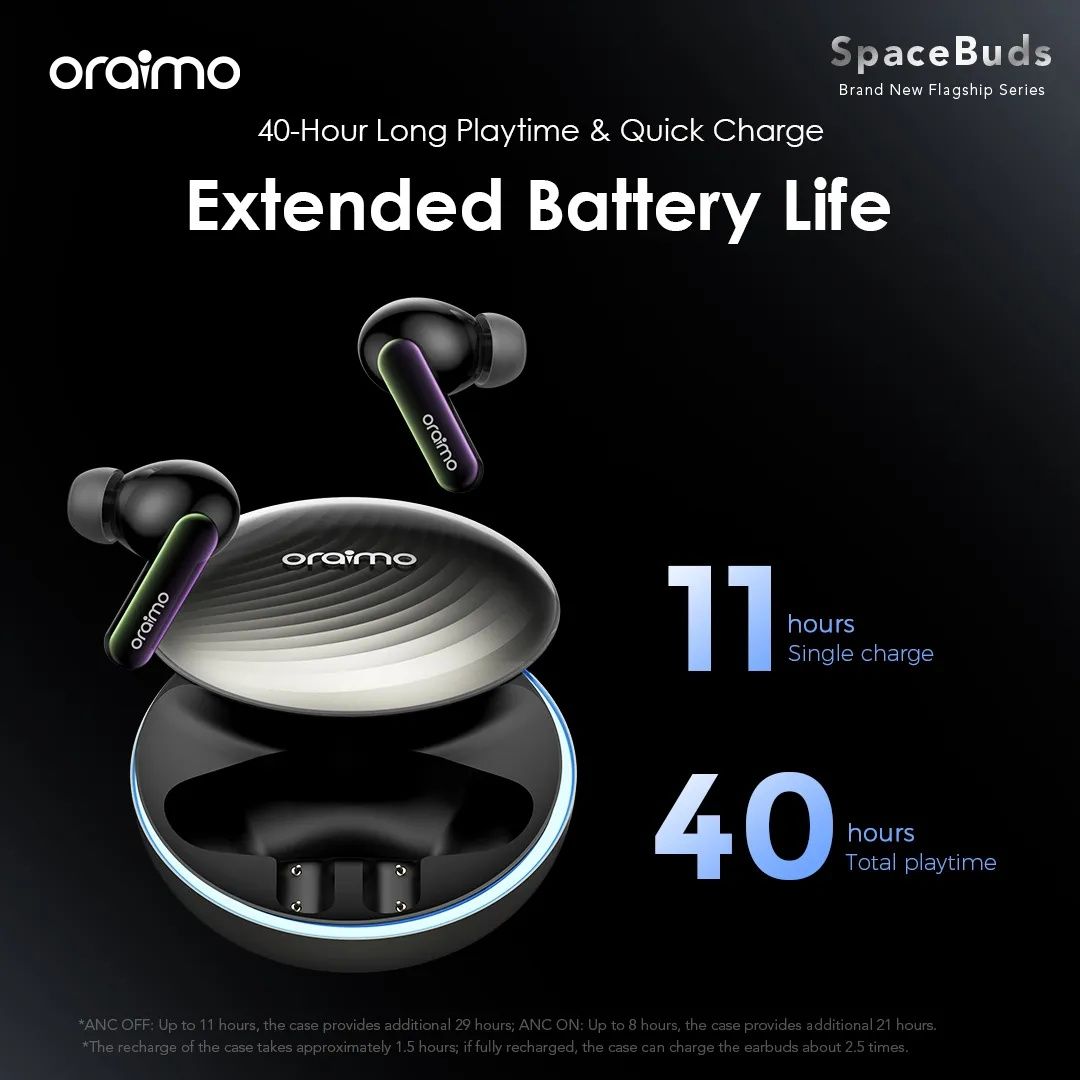 HOT DEALS!! Oraimo SpaceBuds Hybrid ANC True Wireless Earbuds: | 40-Hr Long Playtime | Personalized Lighting Effect | Water Resistant | Hybrid ANC Noise Cancellation | Customized Voice Prompts |