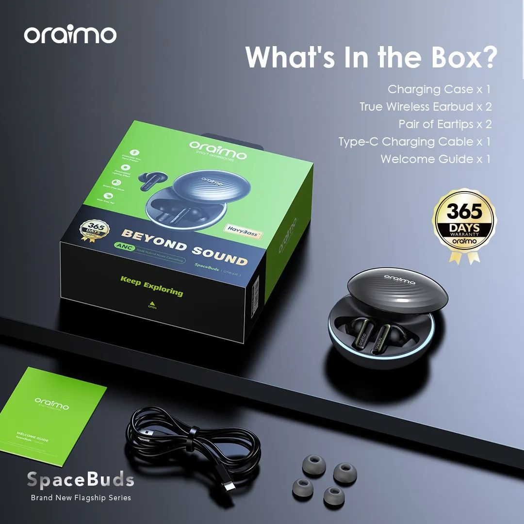 HOT DEALS!! Oraimo SpaceBuds Hybrid ANC True Wireless Earbuds: | 40-Hr Long Playtime | Personalized Lighting Effect | Water Resistant | Hybrid ANC Noise Cancellation | Customized Voice Prompts |