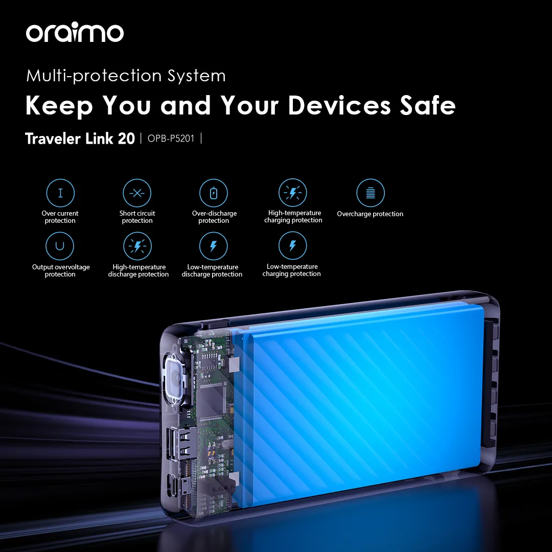 LIMITED DEALS!! ORAIMO TRAVELER LINK 20 POWER BANK: | 20000mAh | 4 Built-in Charging Cables | 3 Inputs | USB-A, Micro-USB, Type-C & Lightning Ports | LED Torch | Overcharge Protection | 12W Charging |