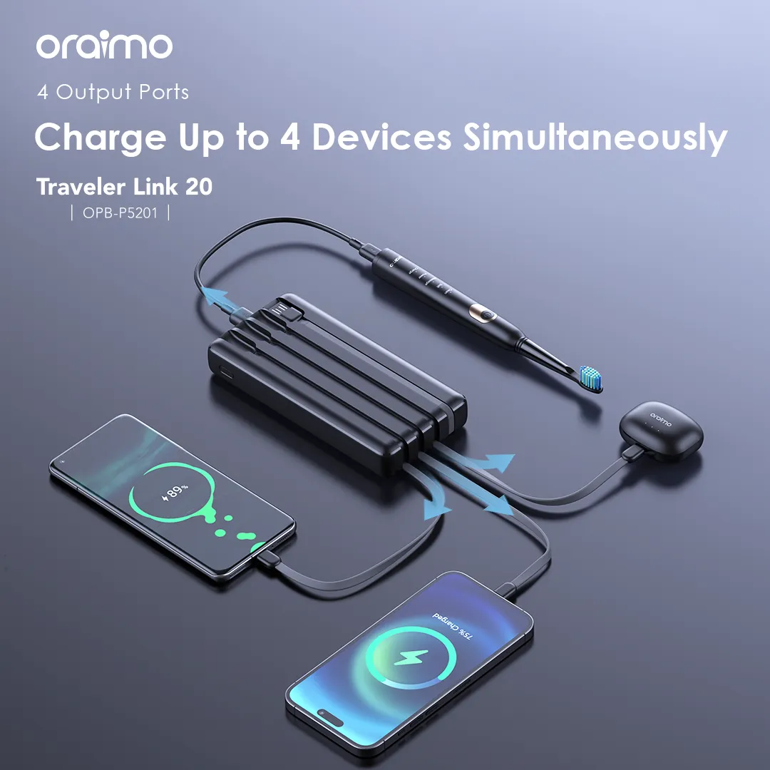 LIMITED DEALS!! ORAIMO TRAVELER LINK 20 POWER BANK: | 20000mAh | 4 Built-in Charging Cables | 3 Inputs | USB-A, Micro-USB, Type-C & Lightning Ports | LED Torch | Overcharge Protection | 12W Charging |