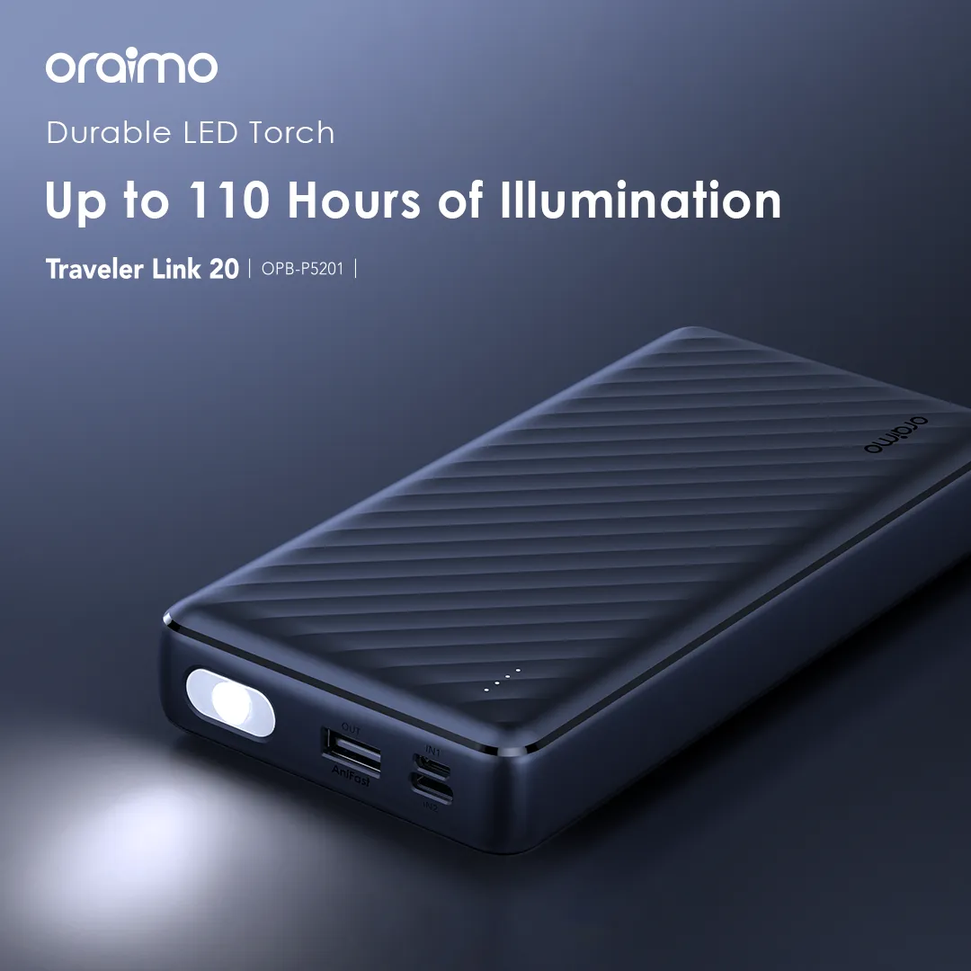 LIMITED DEALS!! ORAIMO TRAVELER LINK 20 POWER BANK: | 20000mAh | 4 Built-in Charging Cables | 3 Inputs | USB-A, Micro-USB, Type-C & Lightning Ports | LED Torch | Overcharge Protection | 12W Charging |