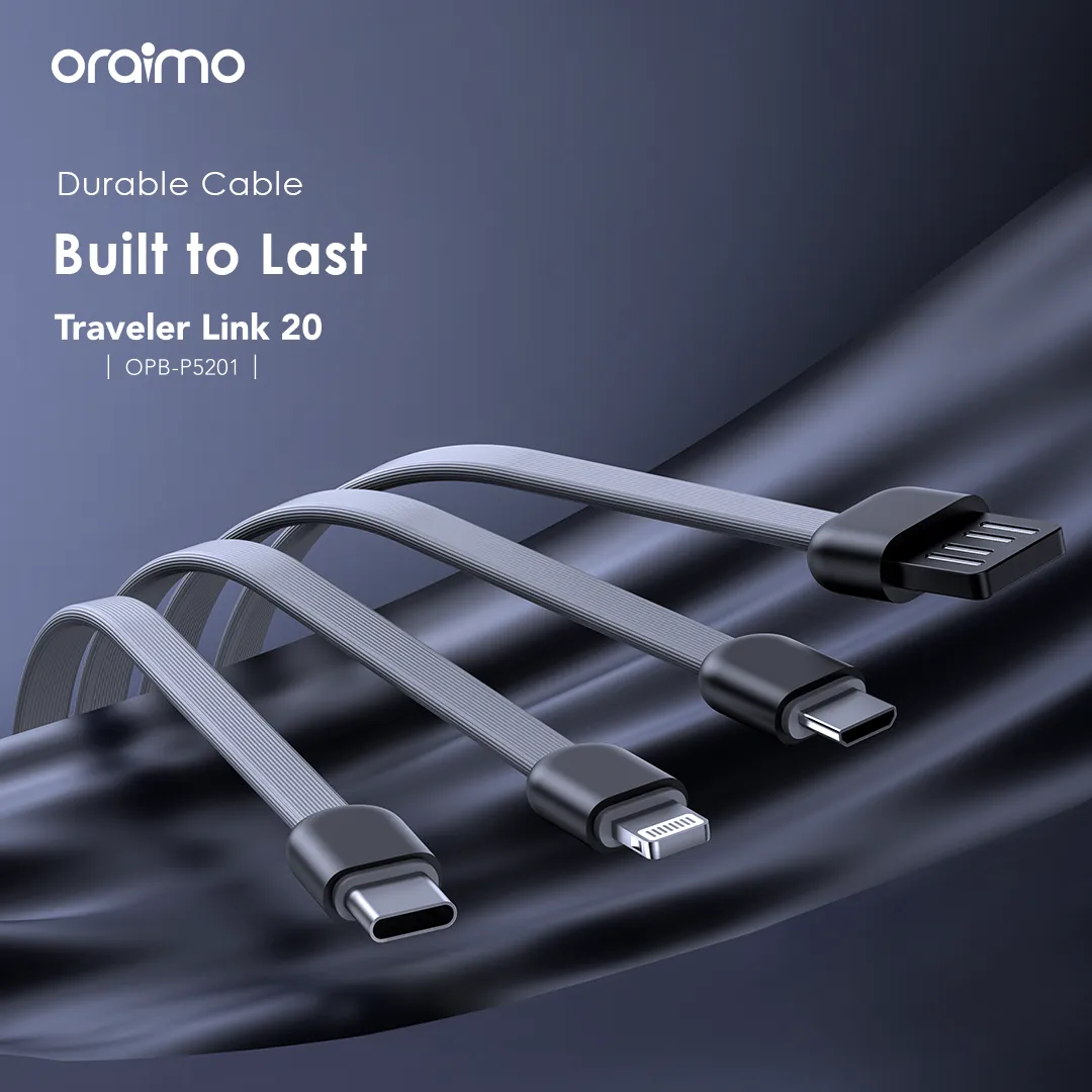 LIMITED DEALS!! ORAIMO TRAVELER LINK 20 POWER BANK: | 20000mAh | 4 Built-in Charging Cables | 3 Inputs | USB-A, Micro-USB, Type-C & Lightning Ports | LED Torch | Overcharge Protection | 12W Charging |