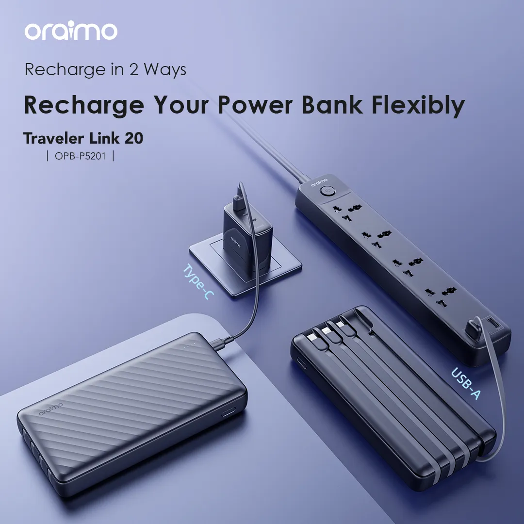 LIMITED DEALS!! ORAIMO TRAVELER LINK 20 POWER BANK: | 20000mAh | 4 Built-in Charging Cables | 3 Inputs | USB-A, Micro-USB, Type-C & Lightning Ports | LED Torch | Overcharge Protection | 12W Charging |