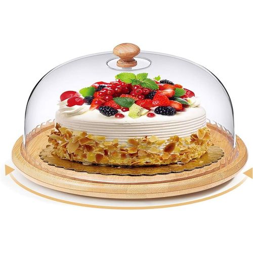 High quality bamboo base cake/fruit stand with high quality acrylic top dome cover