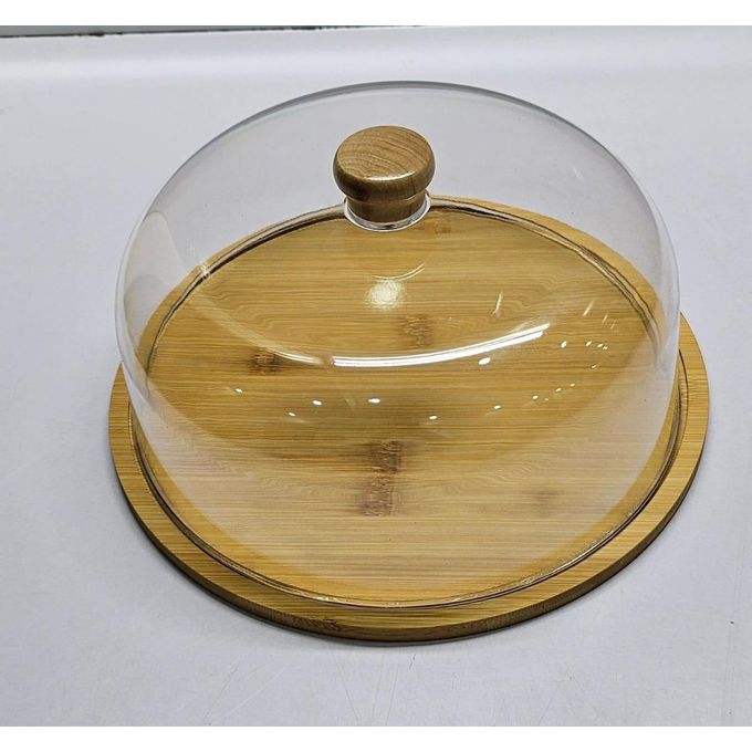 High quality bamboo base cake/fruit stand with high quality acrylic top dome cover
