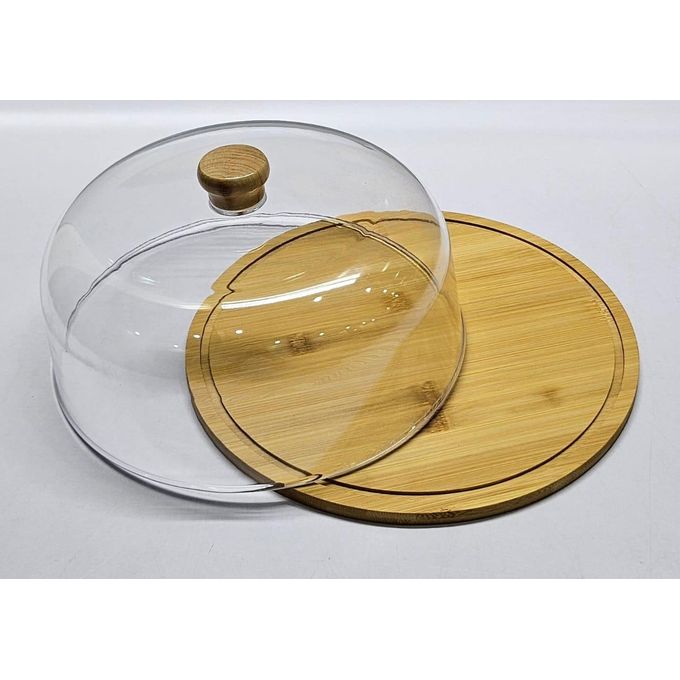 High quality bamboo base cake/fruit stand with high quality acrylic top dome cover
