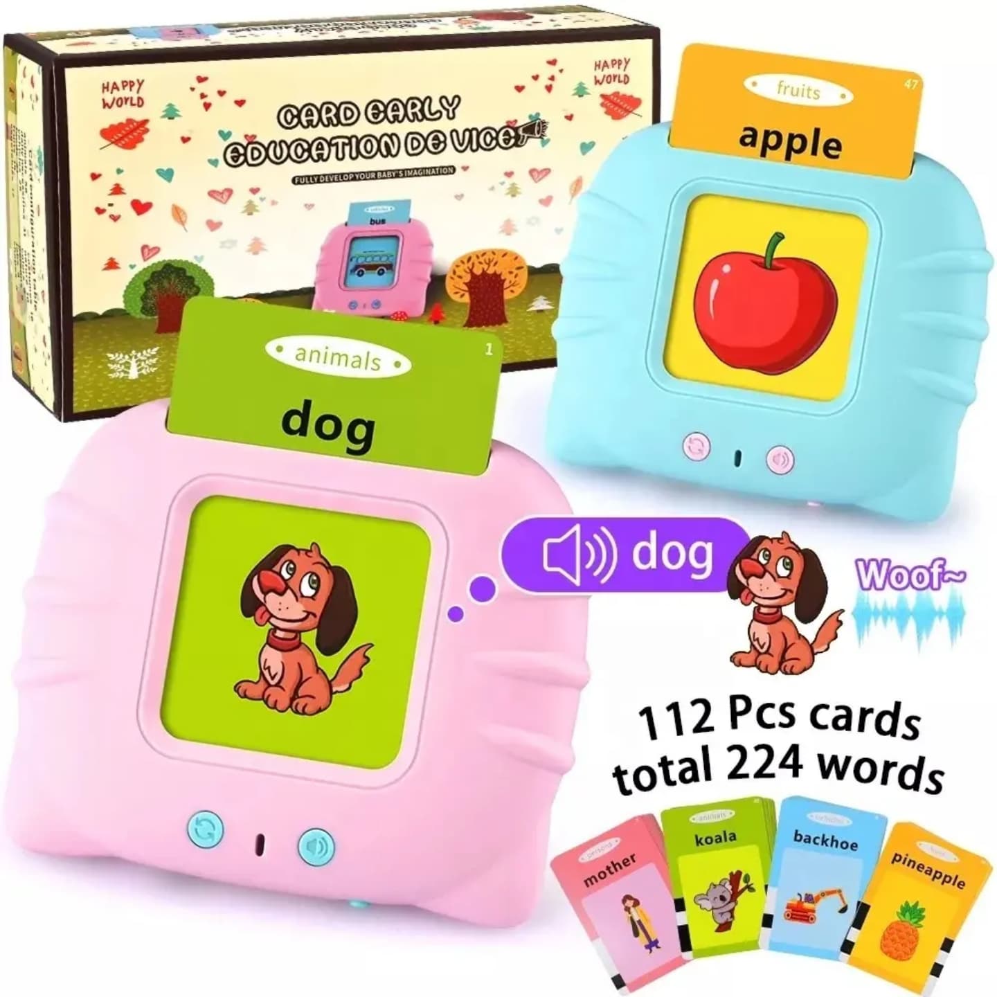 Educational Toddler Toy Flashcards Device,WONFAST 112PCS Double-Sided Illustrations Words Audible Preschool Learning Flash Cards Reader for Kids Boys Girls Birthday Christmas Children Gifts