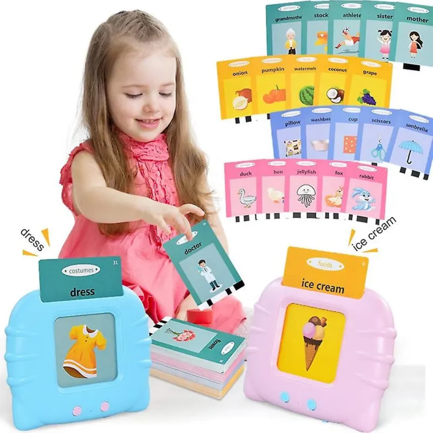 Educational Toddler Toy Flashcards Device,WONFAST 112PCS Double-Sided Illustrations Words Audible Preschool Learning Flash Cards Reader for Kids Boys Girls Birthday Christmas Children Gifts